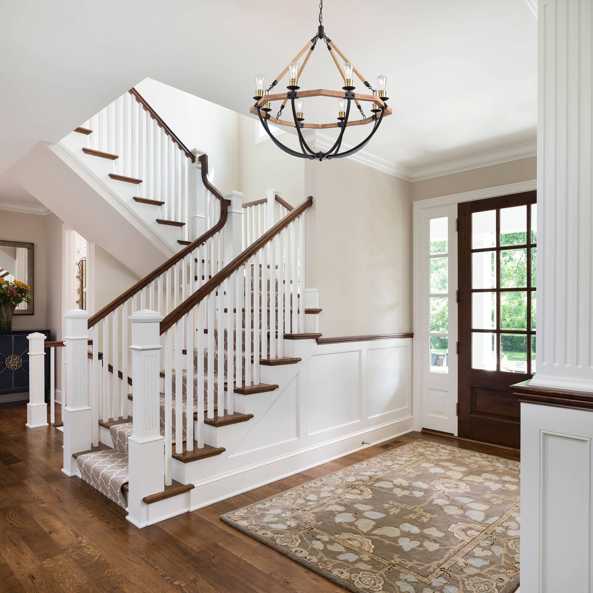 Alt View 1. RYHNUYNE - 8-Light Farmhouse Chandelier Round Wood Pendant Light 38 Inch Adjustable Height Rustic Industrial Light Fixture - Brown.