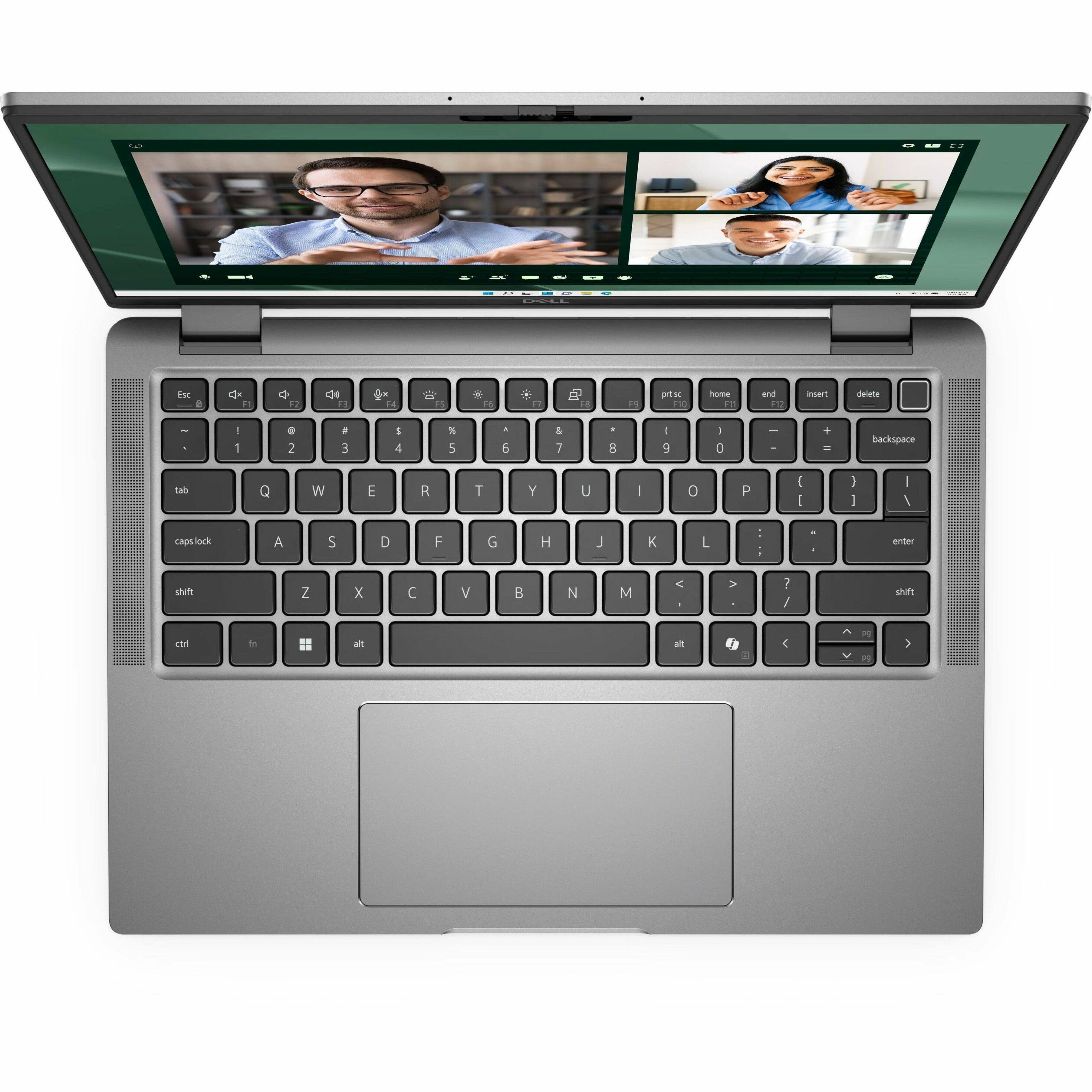 The image features a laptop computer with a keyboard and a screen. The screen displays three people, possibly in a video conference or a presentation. The keyboard is equipped with the standard QWERTY layout, including letters, numbers, and function keys. The laptop is open and ready for use, showcasing its features and capabilities.