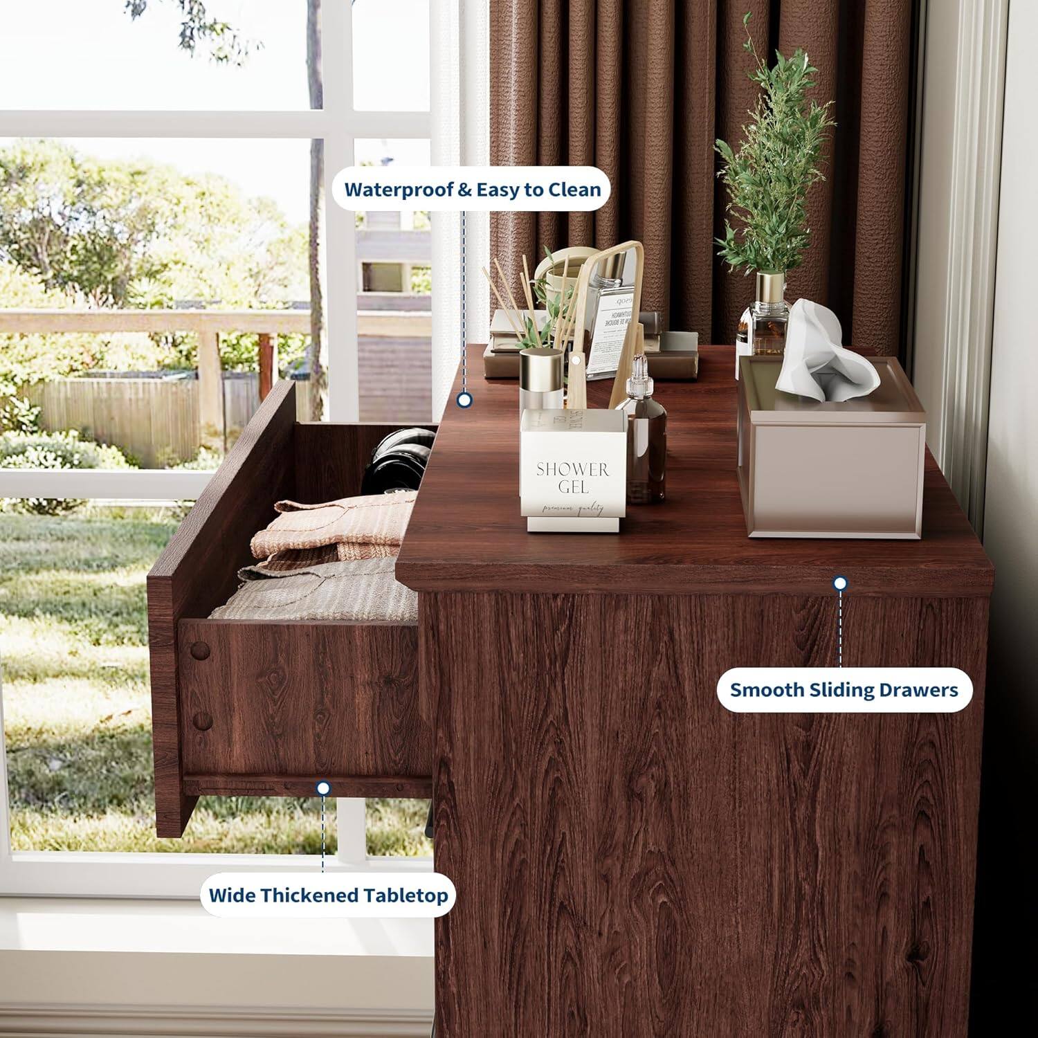 Waterproof & Easy to Clean  
Smooth Sliding Drawers  
Wide Thickened Tabletop