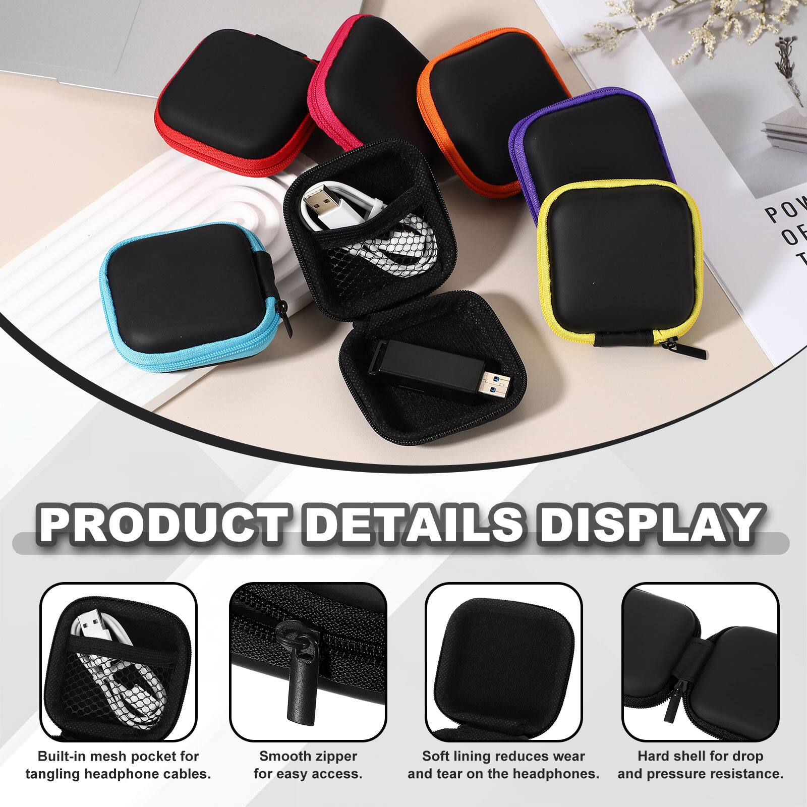 PRODUCT DETAILS DISPLAY

- Built-in mesh pocket for tangling headphone cables.
- Smooth zipper for easy access.
- Soft lining reduces wear and tear on the headphones.
- Hard shell for drop and pressure resistance.