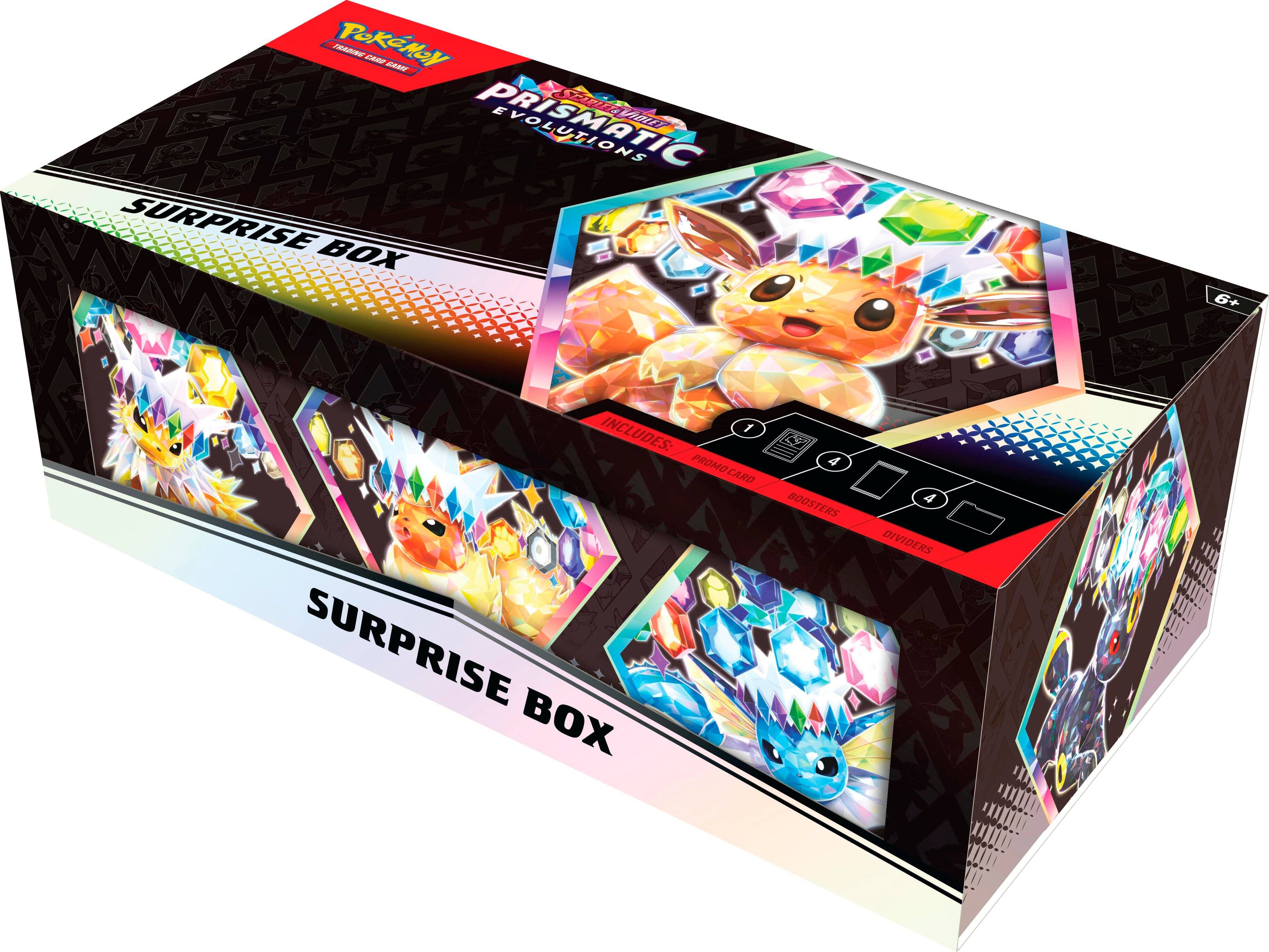 The text on the image reads: "Pokemon Surprise Box 6+ Includes: 1 Promo Card Surprise Box 4 Boosters 4 Dividers."