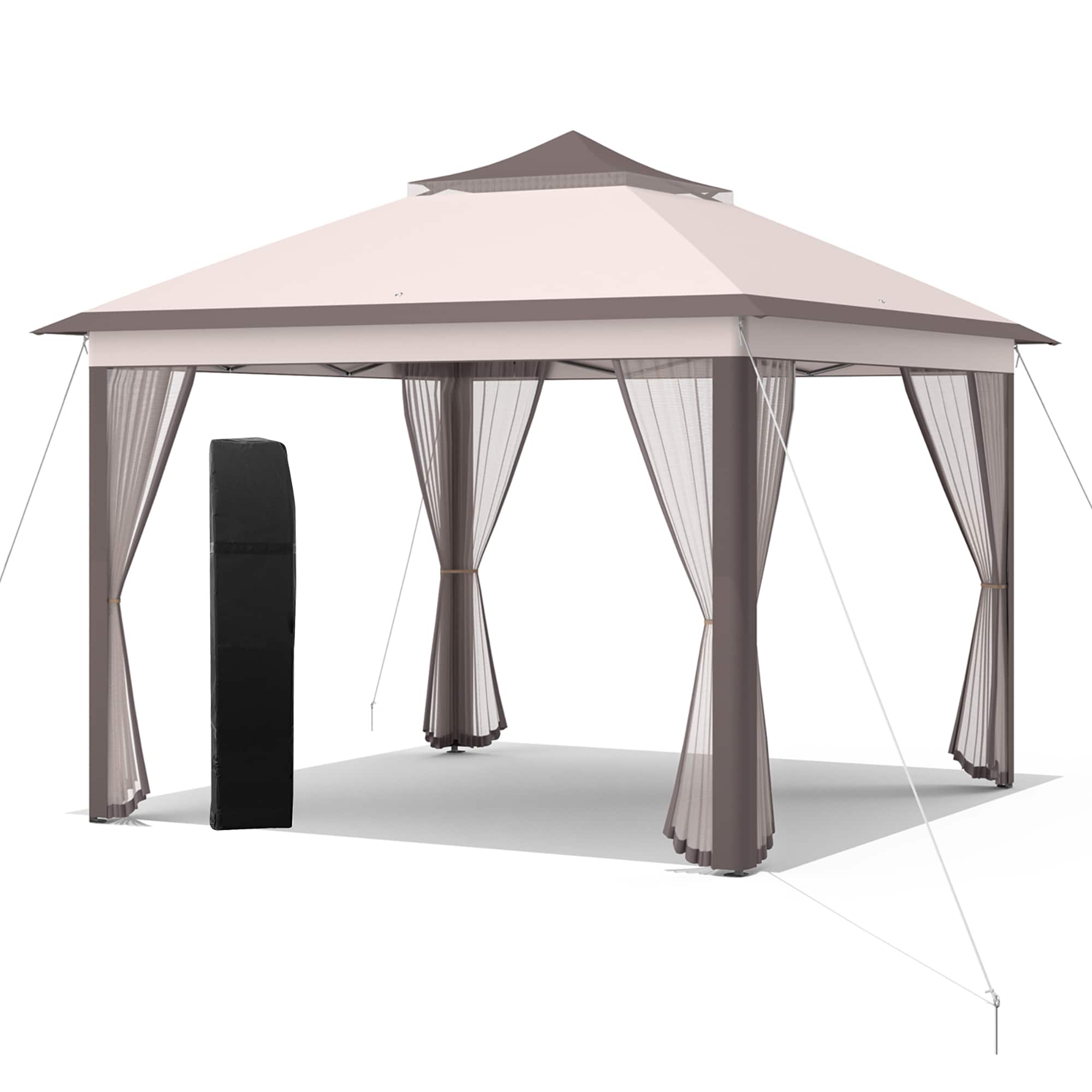 Costway - 11'x11' 2-Tier Pop-Up Gazebo Tent Portable Canopy Shelter Carry Bag Mesh - Beige