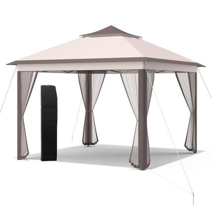 Front. Costway - Costway 11'x11' 2-Tier Pop-Up Gazebo Tent Portable Canopy Shelter Carry Bag Mesh - Beige.