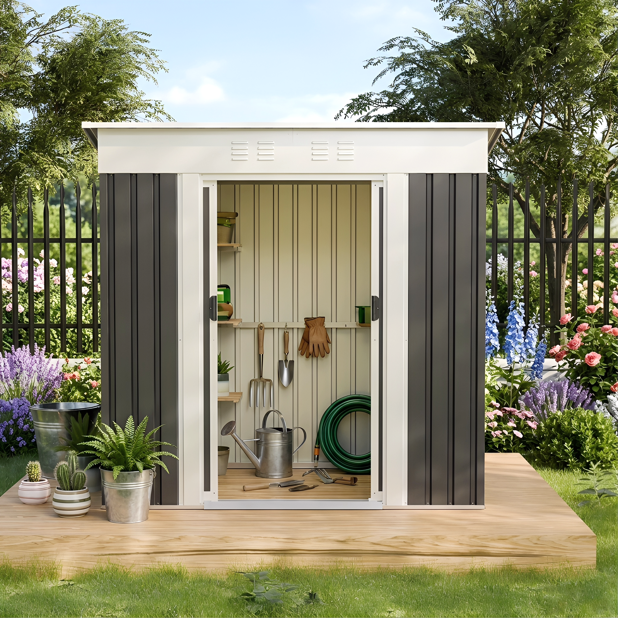 Angle. Anysun - 6x4 FT Garden Shed for Patio – Outdoor Storage Shed with Metal Frame and Sliding Door, Galvanized Steel Construction - Grey.