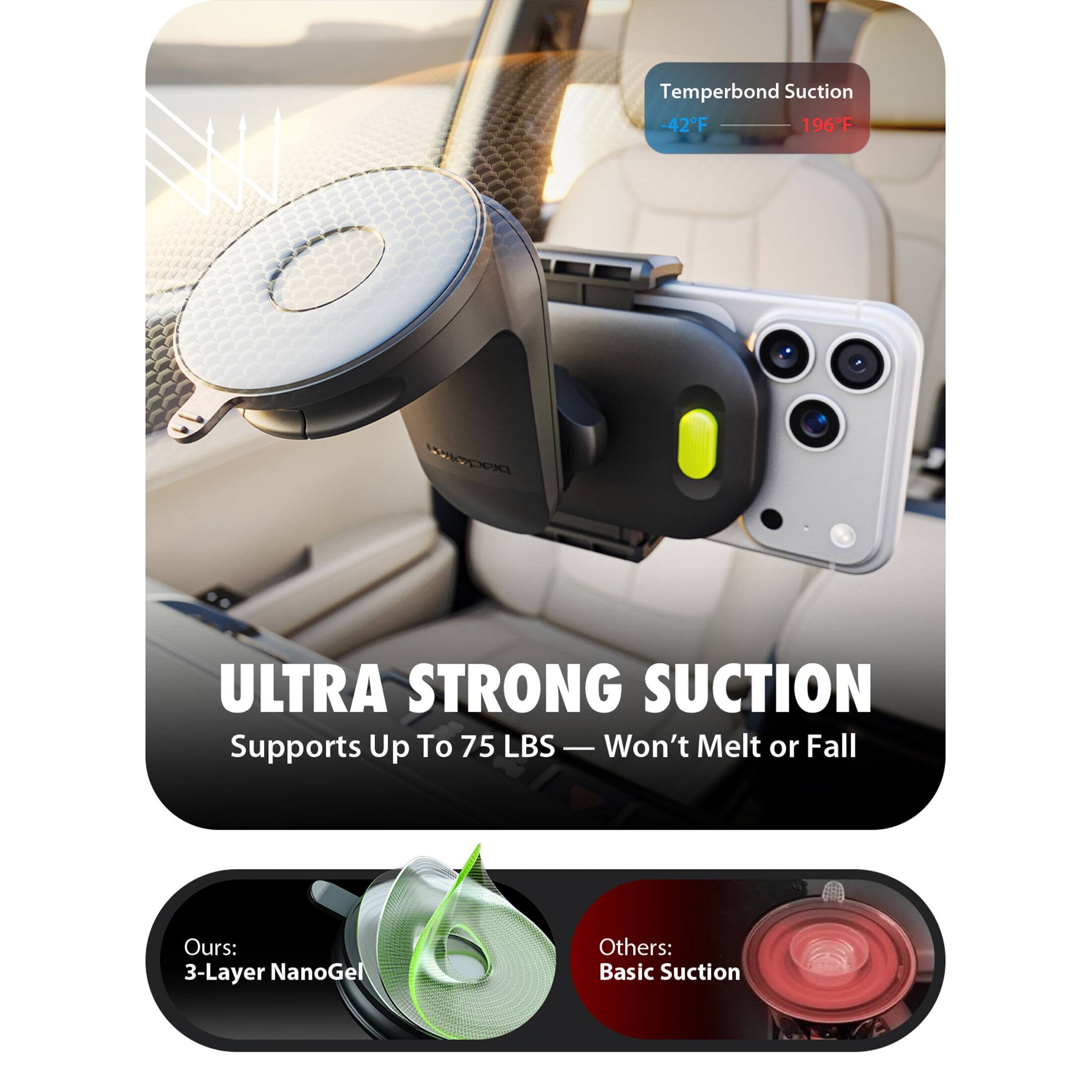 Temperbond Suction -42F 196F

ULTRA STRONG SUCTION Supports Up To 75 LBS - Won't Melt or Fall

Ours: 3-Layer NanoGel

Others: Basic Suction