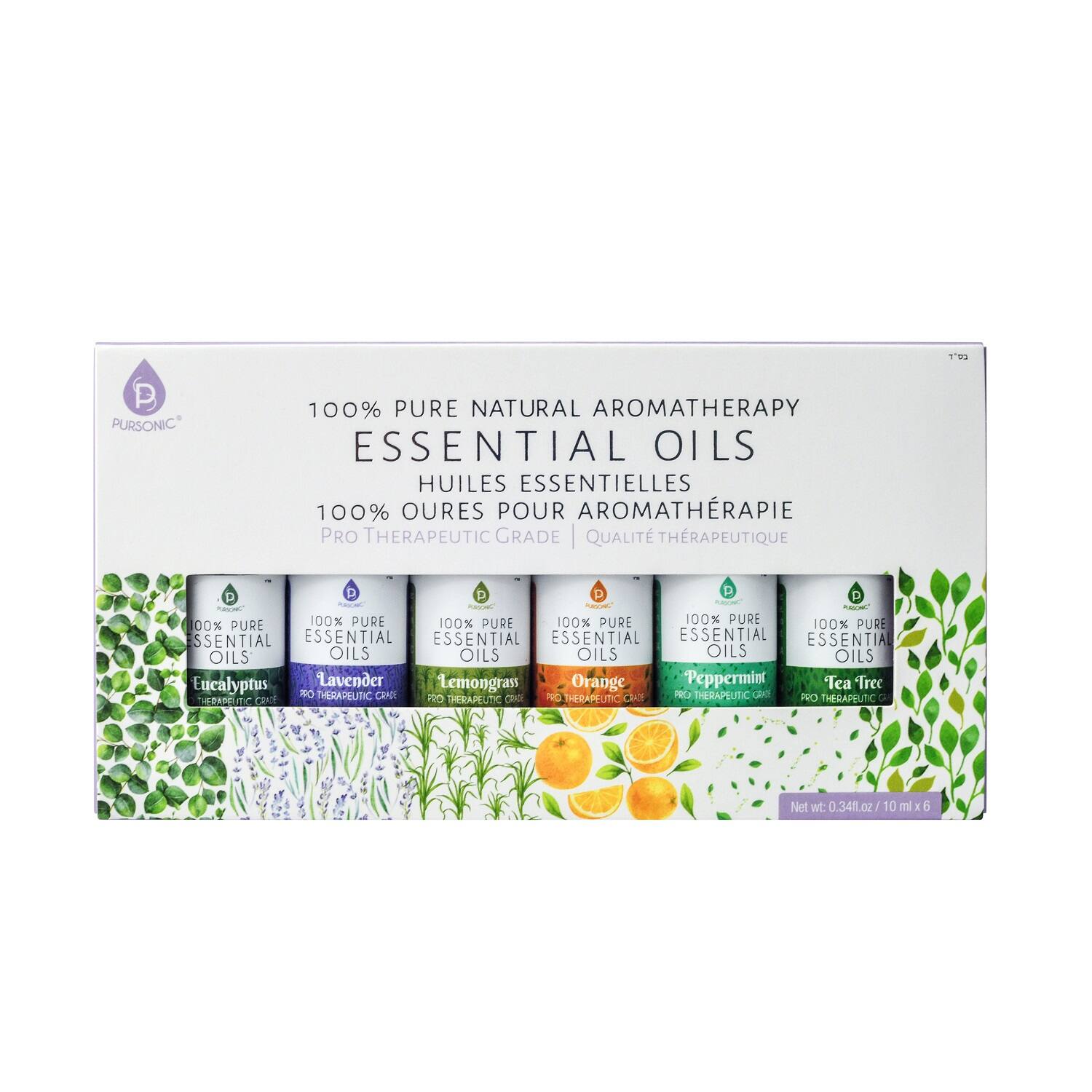 100% PURE NATURAL AROMATHERAPY ESSENTIAL OILS  
HUILES ESSENTIELLES 100% PURES POUR AROMATHÉRAPIE  
PRO THERAPEUTIC GRADE | QUALITÉ THERAPEUTIQUE  

Eucalyptus  
Lavender  
Lemongrass  
Orange  
Peppermint  
Tea Tree  

Net wt: 0.34 fl oz (10 ml) x 6