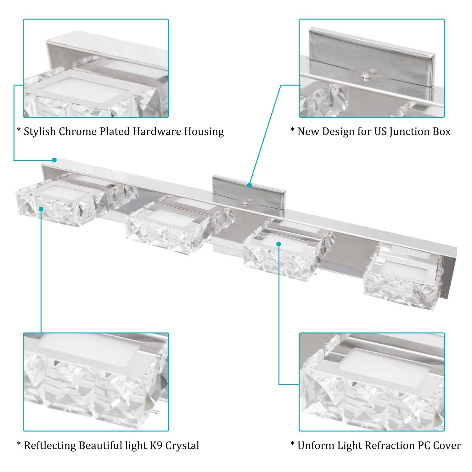 * Stylish Chrome Plated Hardware Housing  
* New Design for US Junction Box  
* Reflecting Beautiful light K9 Crystal  
* Uniform Light Refraction PC Cover