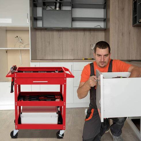 Alt View 4. Winado - 3 Tier Rolling Tool Cart Service Tool Cart Tool Organizer with Storage Drawer & 360° Swivel Casters for Garage, Workshop - Red.