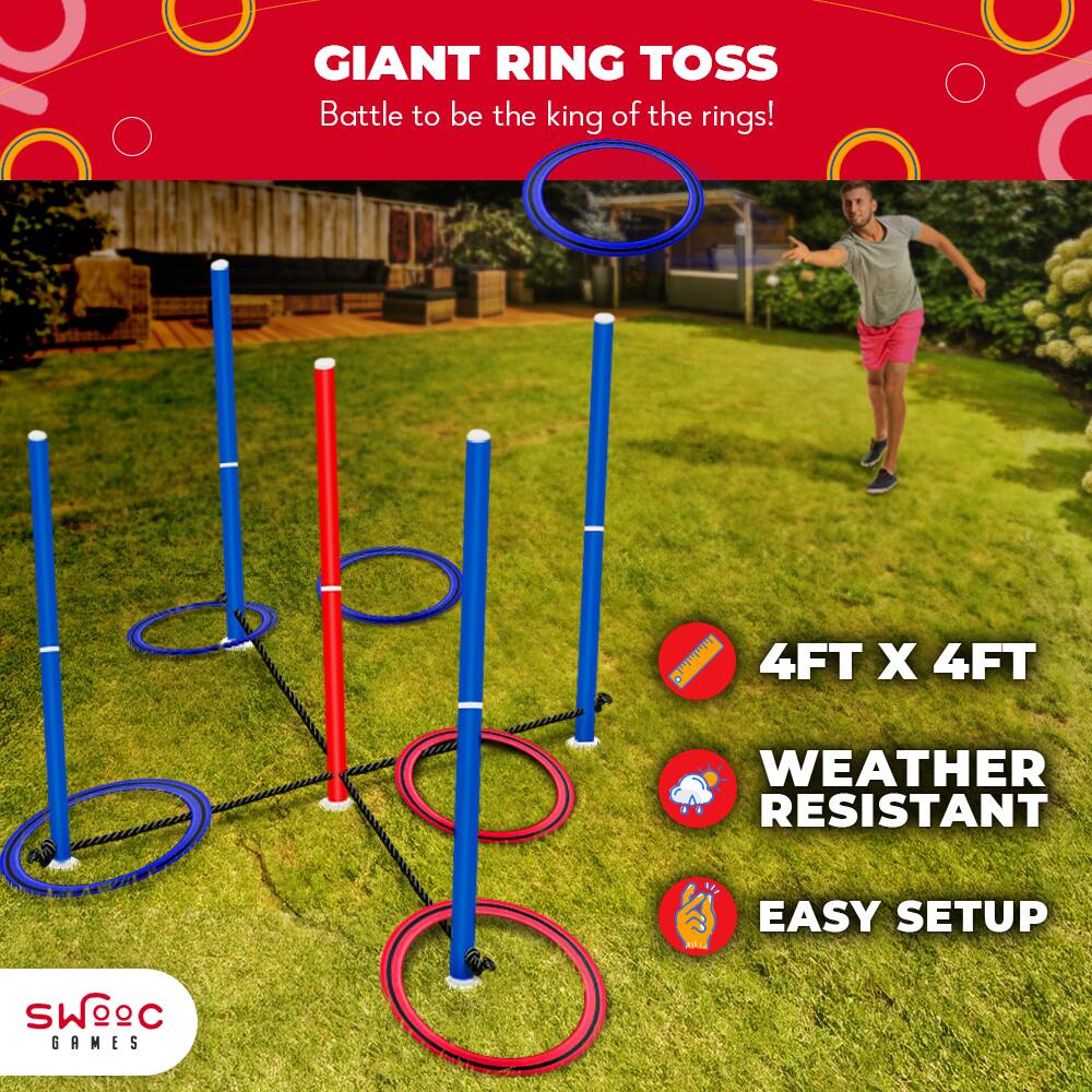 GIANT RING TOSS  
Battle to be the king of the rings!  

4FT X 4FT  
WEATHER RESISTANT  
EASY SETUP  

SWEEC GAMES