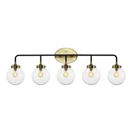 Jonathan Y - Caleb 38" 5-Light Contemporary Transitional Iron/Glass LED Vanity Light, Brass Gold/Black - Black/Brass Gold