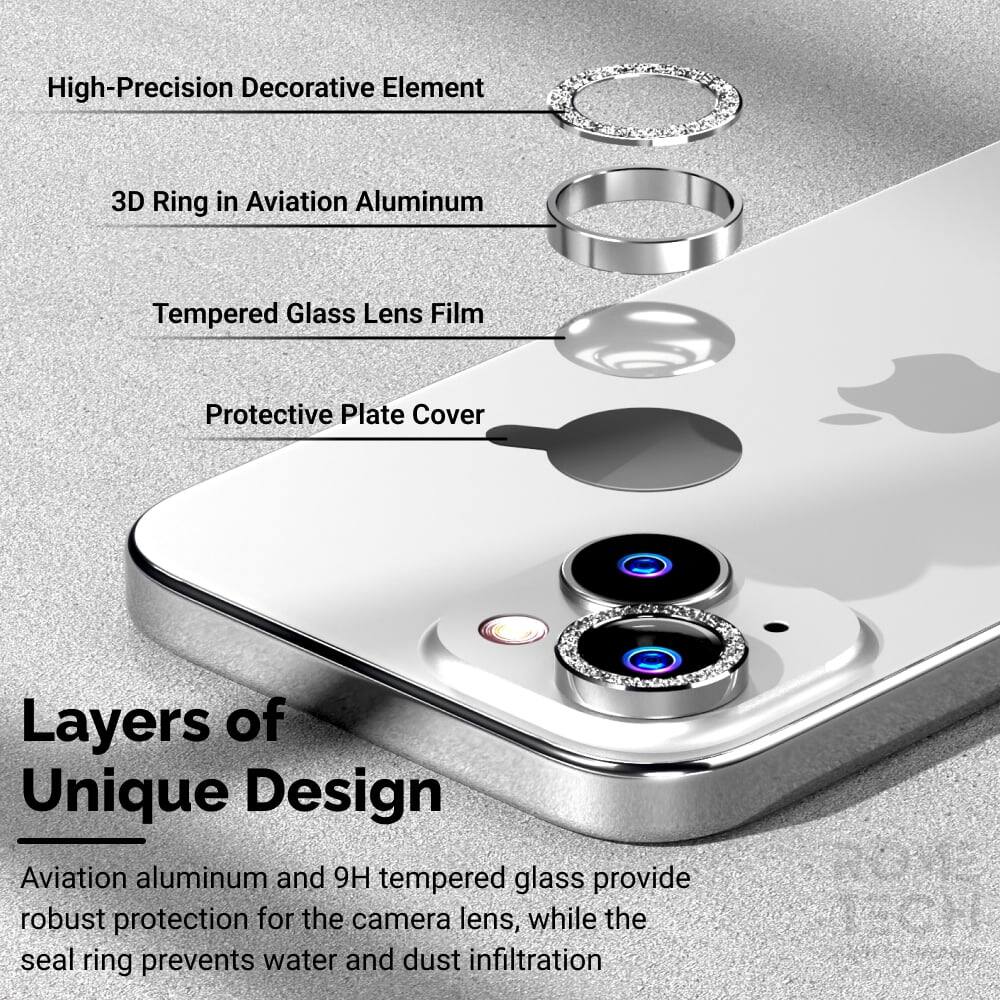 High-Precision Decorative Element  
3D Ring in Aviation Aluminum  
Tempered Glass Lens Film  
Protective Plate Cover  

Layers of Unique Design  

Aviation aluminum and 9H tempered glass provide robust protection for the camera lens, while the seal ring prevents water and dust infiltration.