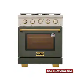 Kucht - 30 in. 4.2 cu. ft. Natural Gas Range and Convection Oven in Olive Green with gold handle and True Simmer Burners - Olive Green