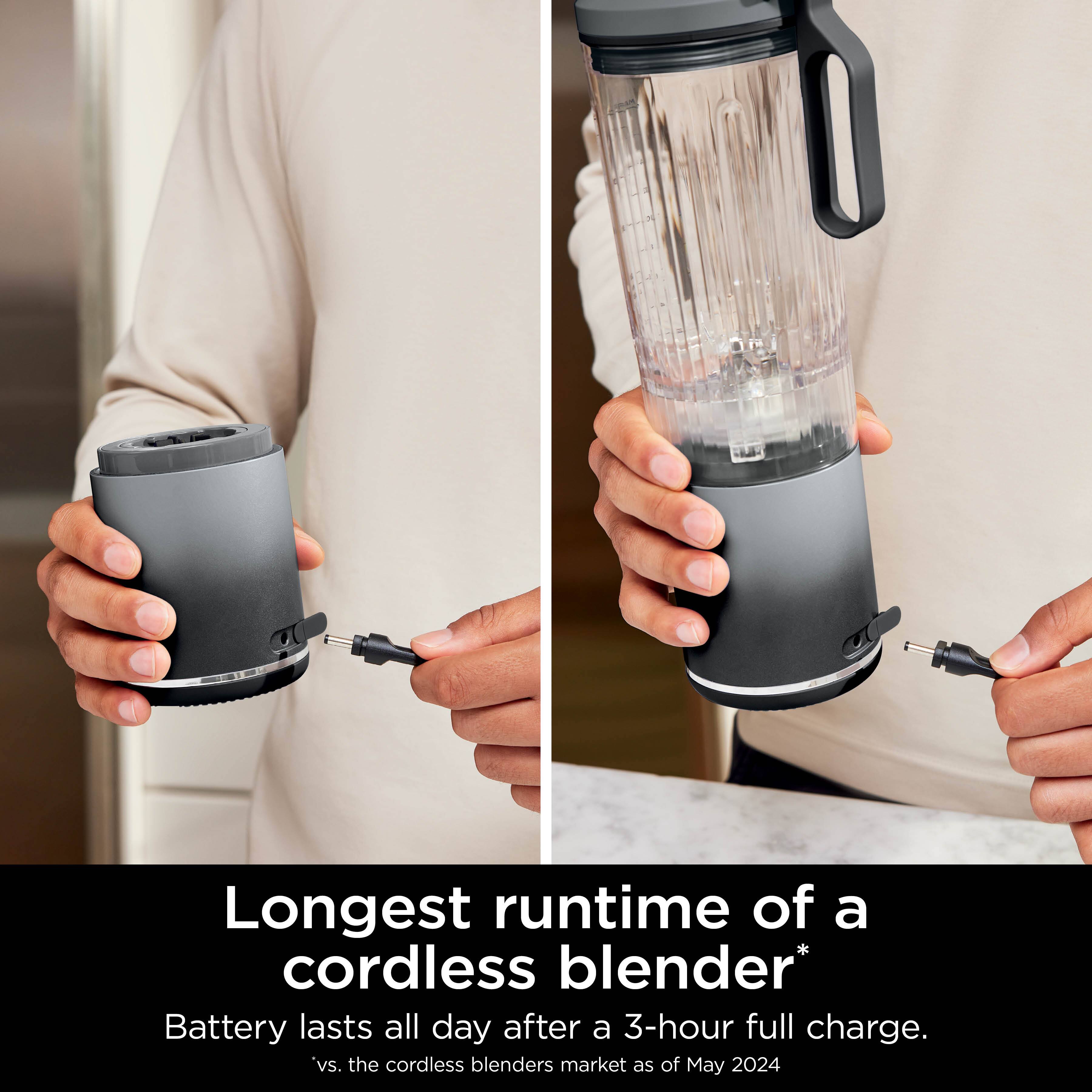 Longest runtime of a cordless blender* Battery lasts all day after a 3-hour full charge. vs. the cordless blenders market as of May 2024.