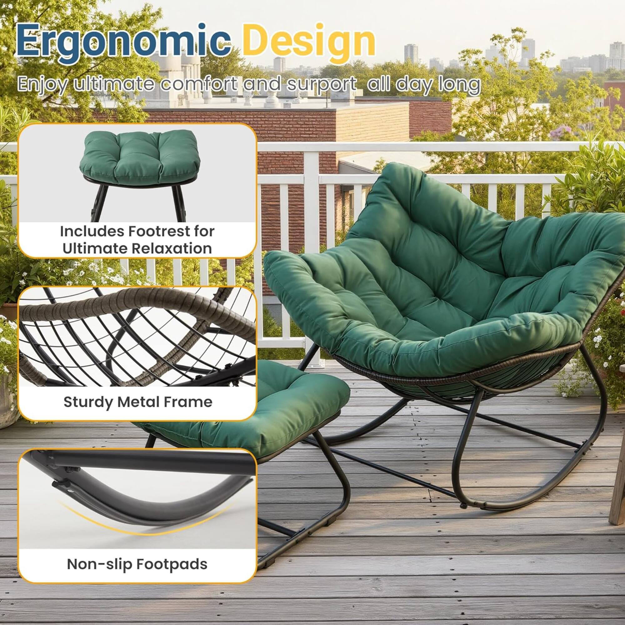 Ergonomic Design  
Enjoy ultimate comfort and support all day long  

- Includes Footrest for Ultimate Relaxation  
- Sturdy Metal Frame  
- Non-slip Footpads