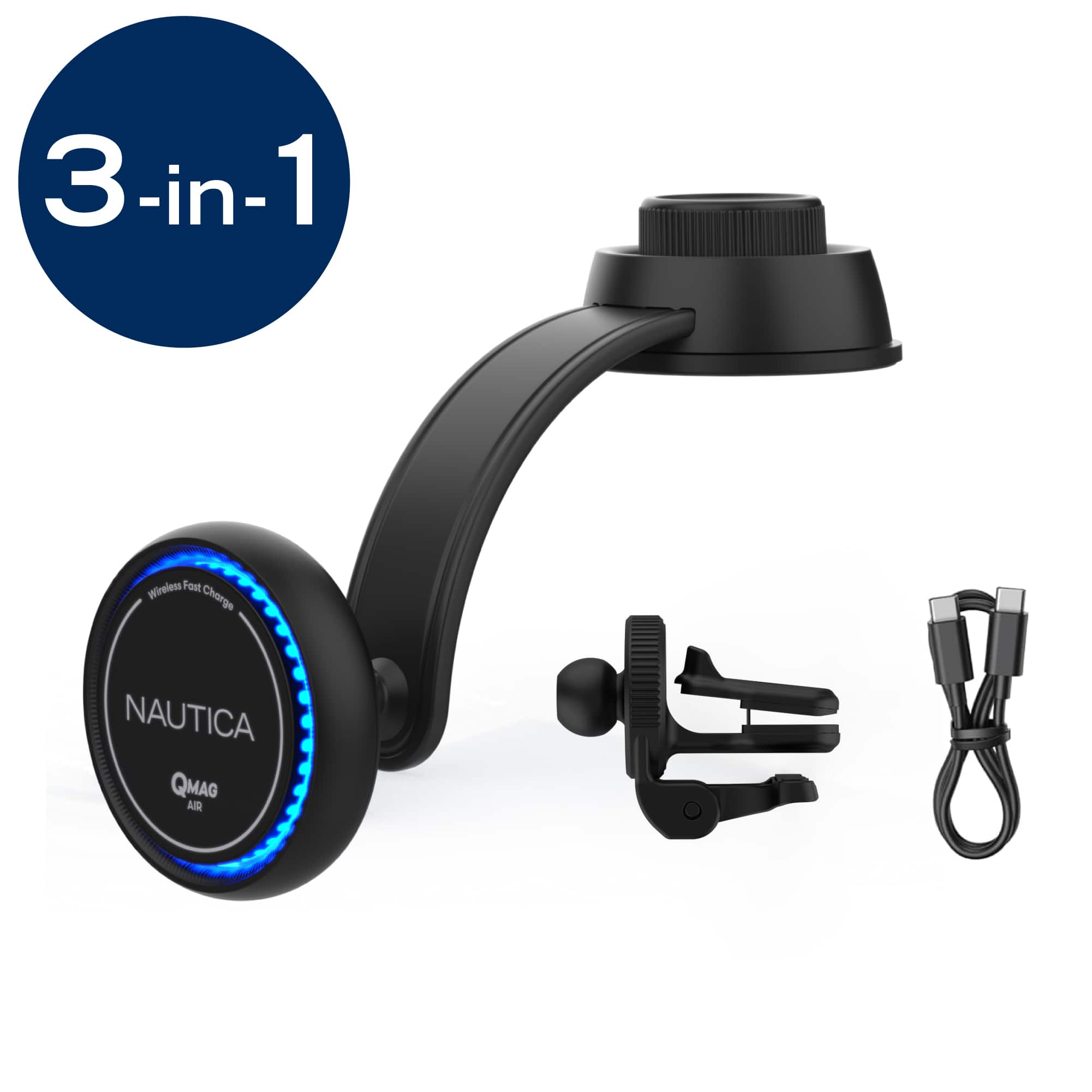 Nautica - Turan QMAG Air Wireless Magnetic Car Charger 15W with Cooling Fan, Ambient Light for iPhone, Samsung and More - Black