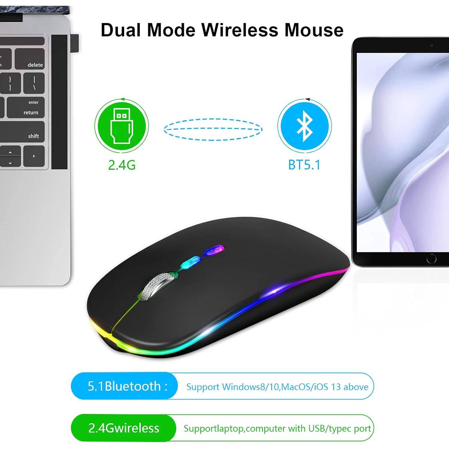 Dual Mode Wireless Mouse

2.4G  
BT5.1

5.1 Bluetooth:  
Support Windows8/10, MacOS/iOS 13 above

2.4G wireless:  
Support laptop, computer with USB/typec port
