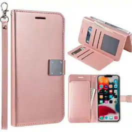 Entronix - iPhone 11 Case - Stylish Foldable Leather Wallet with Card Holder and Lanyard - Rose Gold