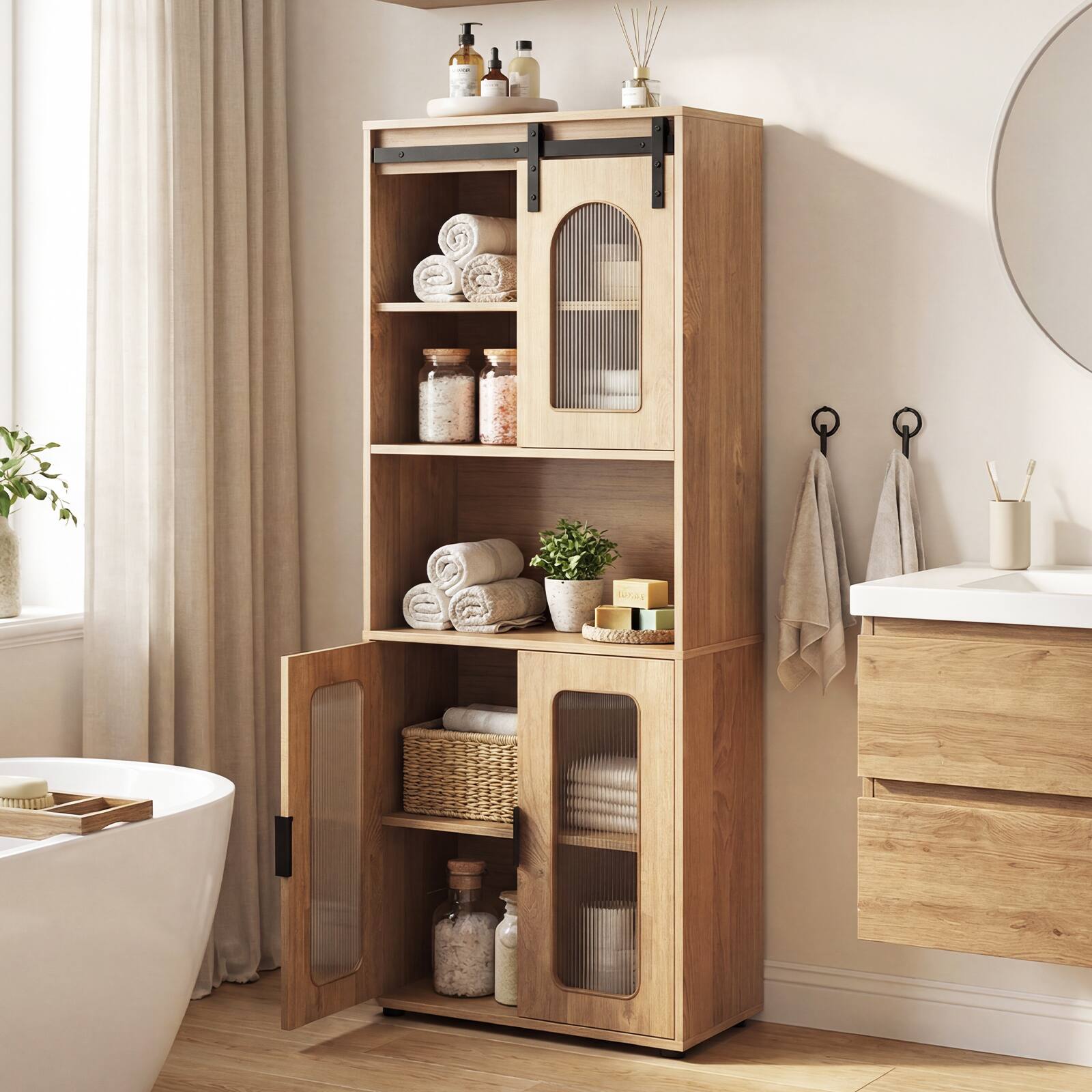 Alt View 1. Gymax - Gymax 59'' Farmhouse Bathroom Floor Cabinet w/Sliding Barn Door and Shelves for Kitchen - Yellow.