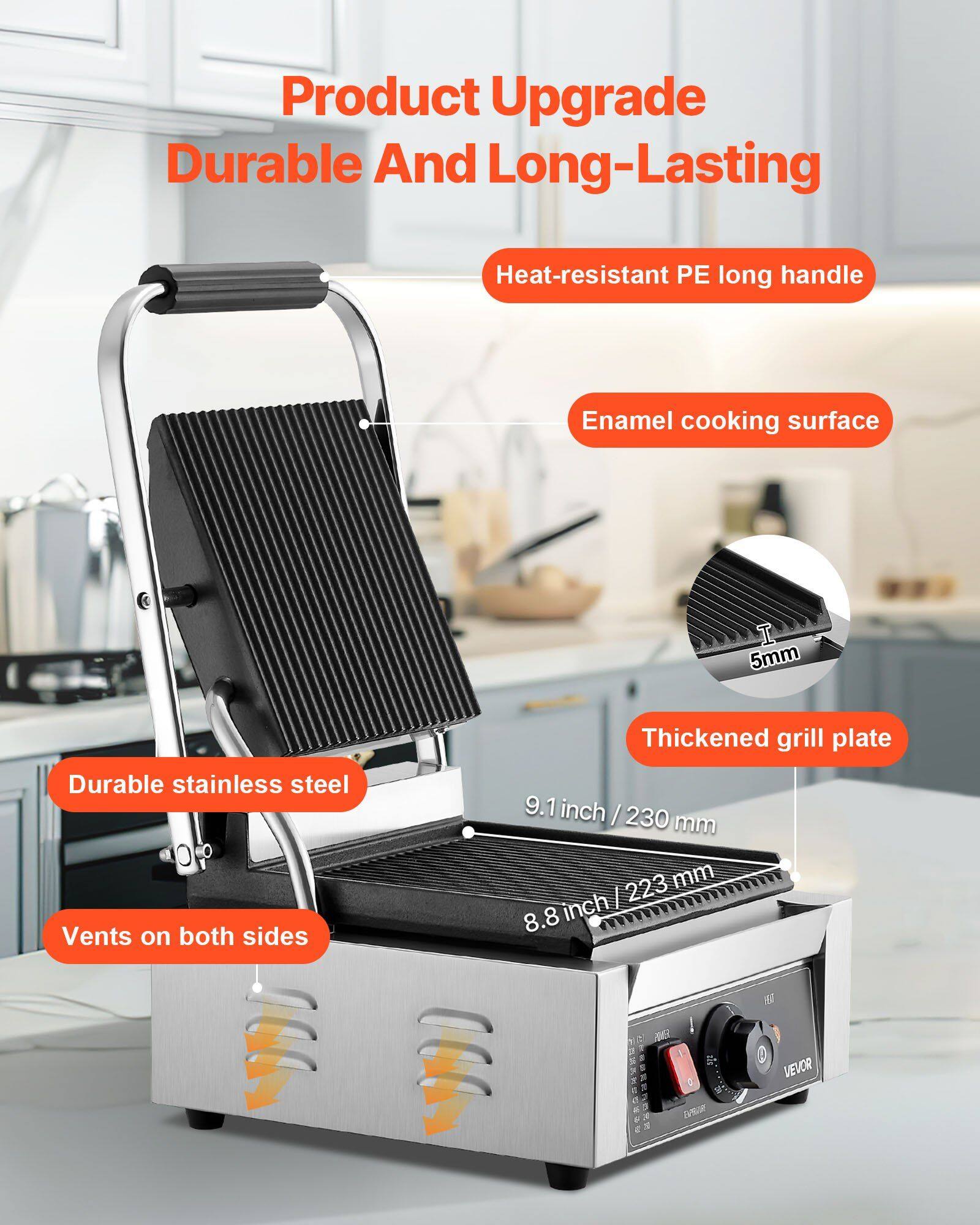 Product Upgrade  
Durable And Long-Lasting  

- Heat-resistant PE long handle  
- Enamel cooking surface  
- Durable stainless steel  
- Thickened grill plate (5mm)  
- Vents on both sides  

Dimensions:  
- 9.1 inch / 230 mm  
- 8.8 inch / 223 mm  

Brand: VEVOR