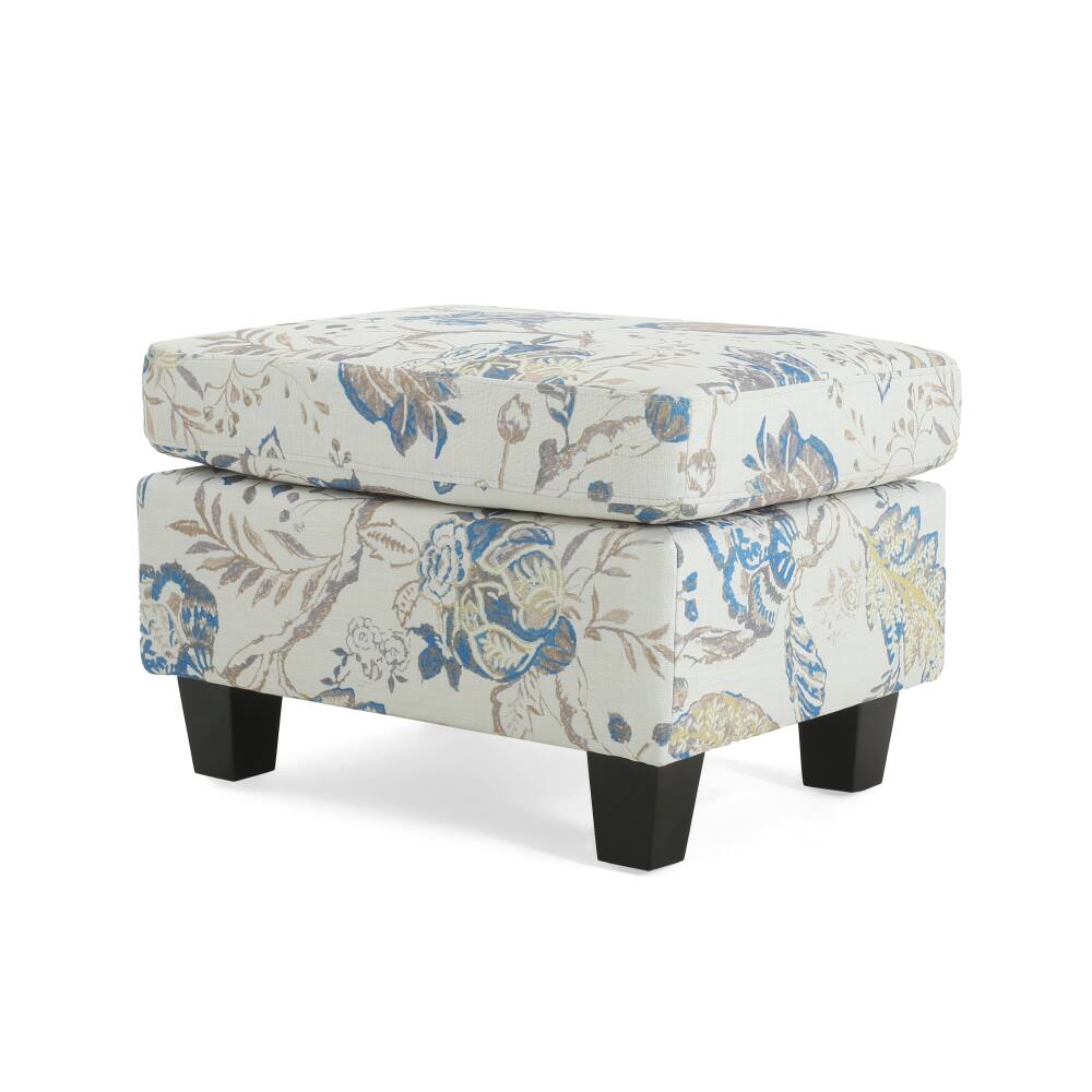 Alt View 1. PDTEND - Contemporary Beige & Blue Flower Upholstered Ottoman for Bedroom - Beige & Blue.