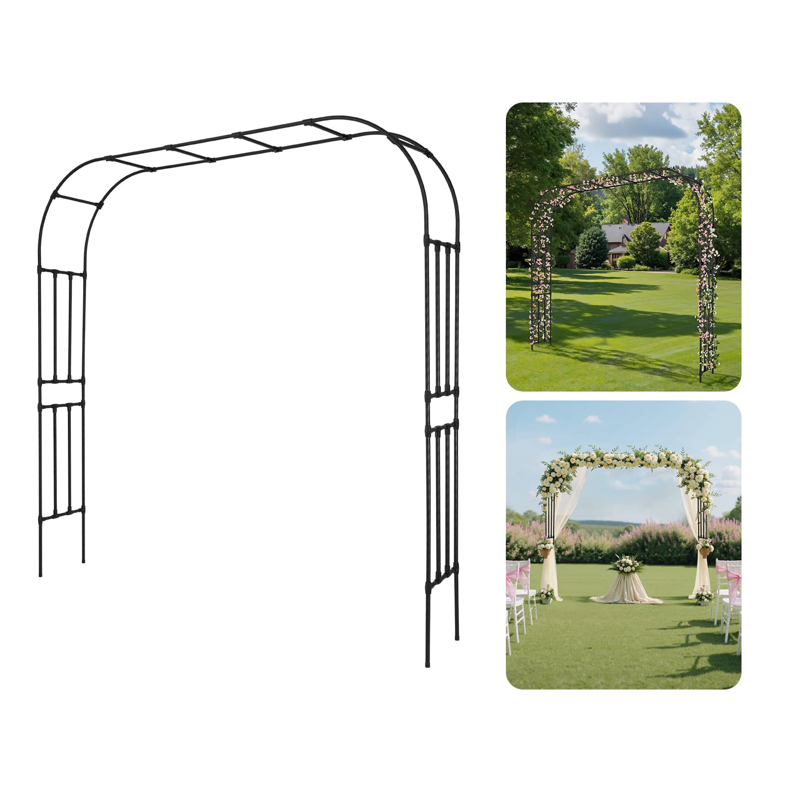 VEVOR - Garden Arbor, 94.5 (H) x 98.5 (W) x 15.8 (D) in Metal Archway, Sturdy Outdoor Trellis Arch with Stakes, Easy to Assemble - Black