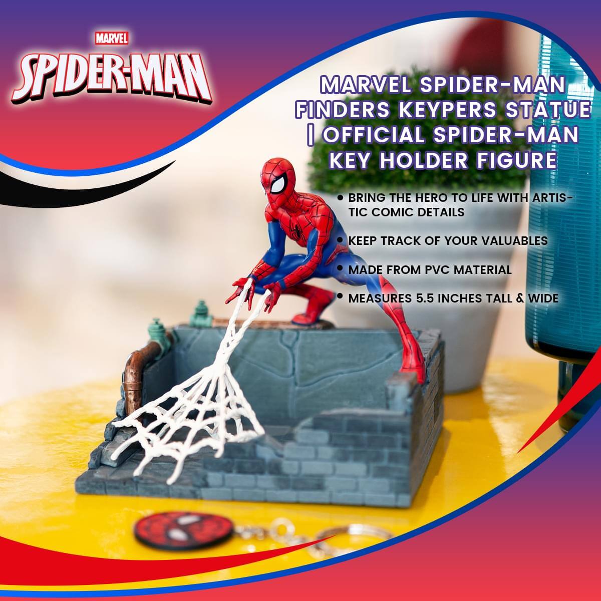 MARVEL SPIDER-MAN  
FINDERS KEYHOLDERS STATUE  
OFFICIAL SPIDER-MAN KEY HOLDER FIGURE  

- BRING THE HERO TO LIFE WITH ARTISTIC COMIC DETAILS  
- KEEP TRACK OF YOUR VALUABLES  
- MADE FROM PVC MATERIAL  
- MEASURES 5.5 INCHES TALL & WIDE