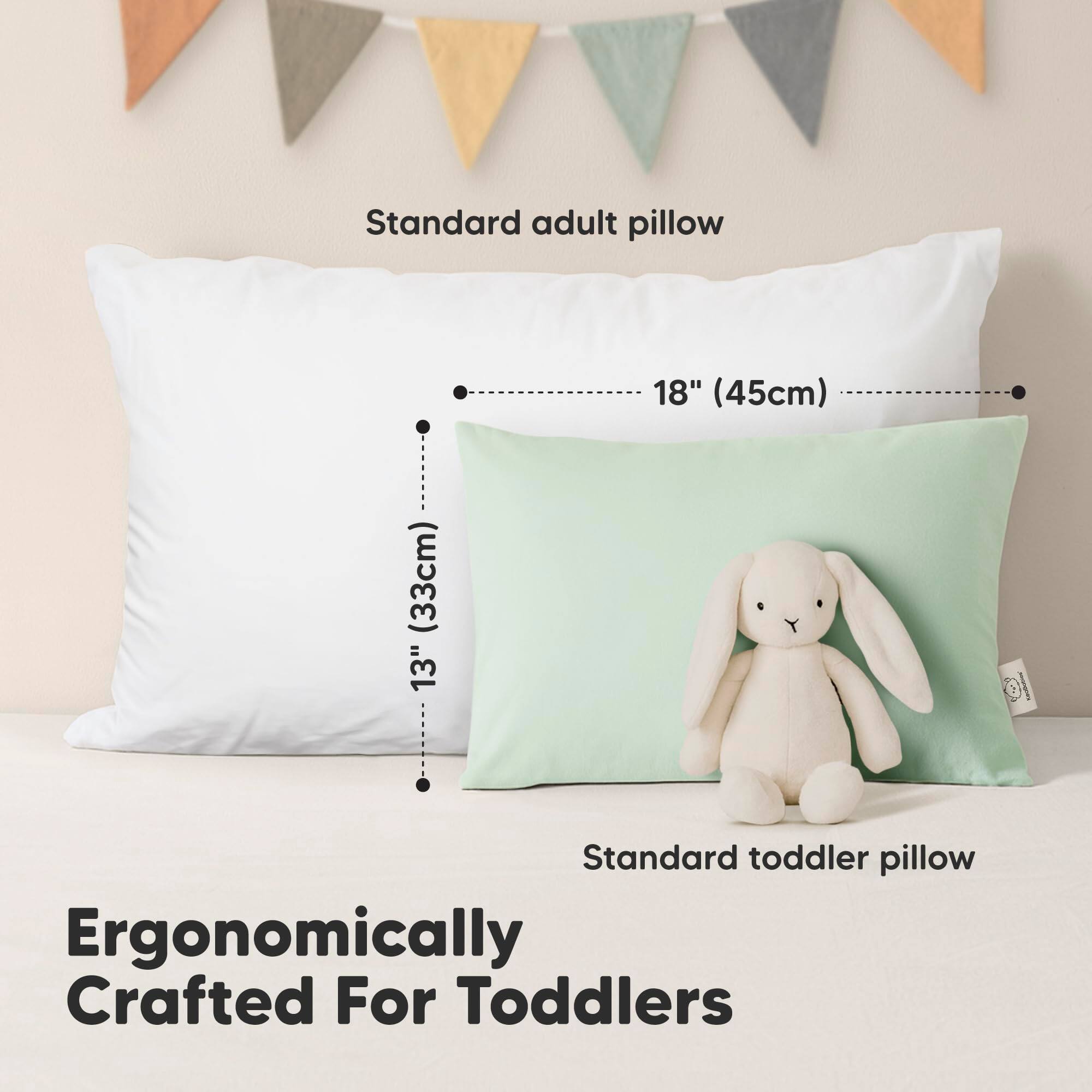 Standard adult pillow  
18" (45cm) x 13" (33cm)  

Standard toddler pillow  

Ergonomically Crafted For Toddlers