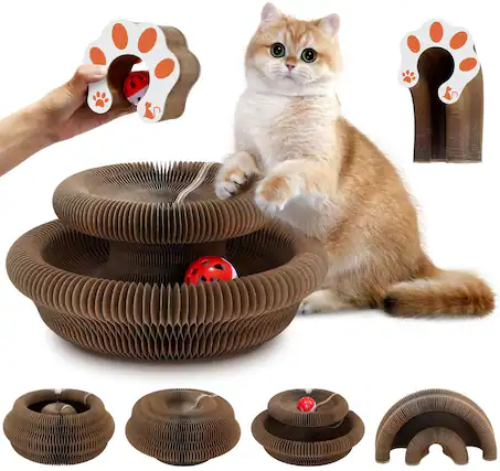 Front. Auledio - Accordion Cat Scratcher Toy (For Indoor Cats) - Cardboard Cat Scratcher Ball Scratching Pad, 1 Pack - brown.