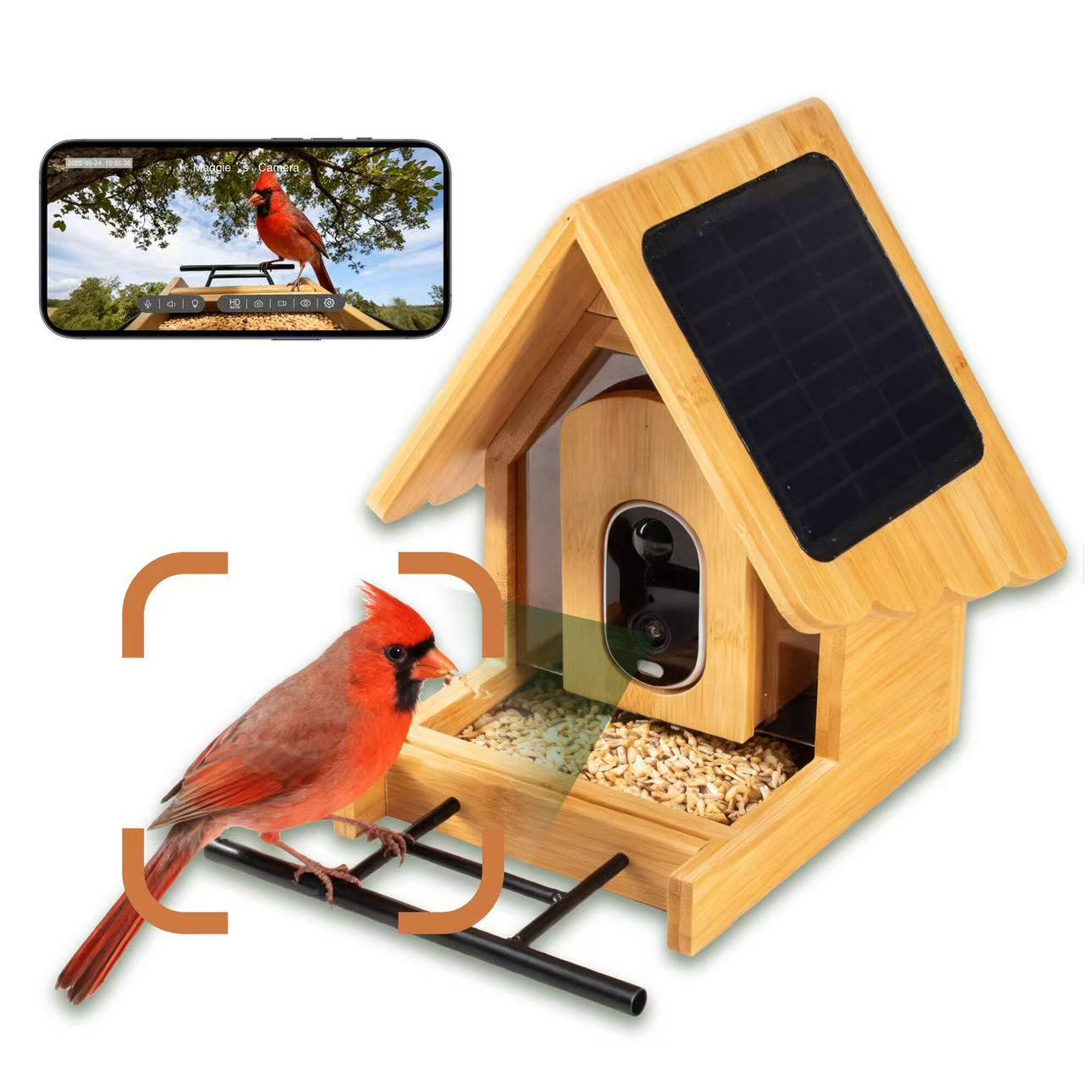 Parrot Uncle - Bamboo Crafted Smart Wild Bird Feeder with Camera for Outdoor, Solar Power & AI Recognition and Color Night Vision - Wood