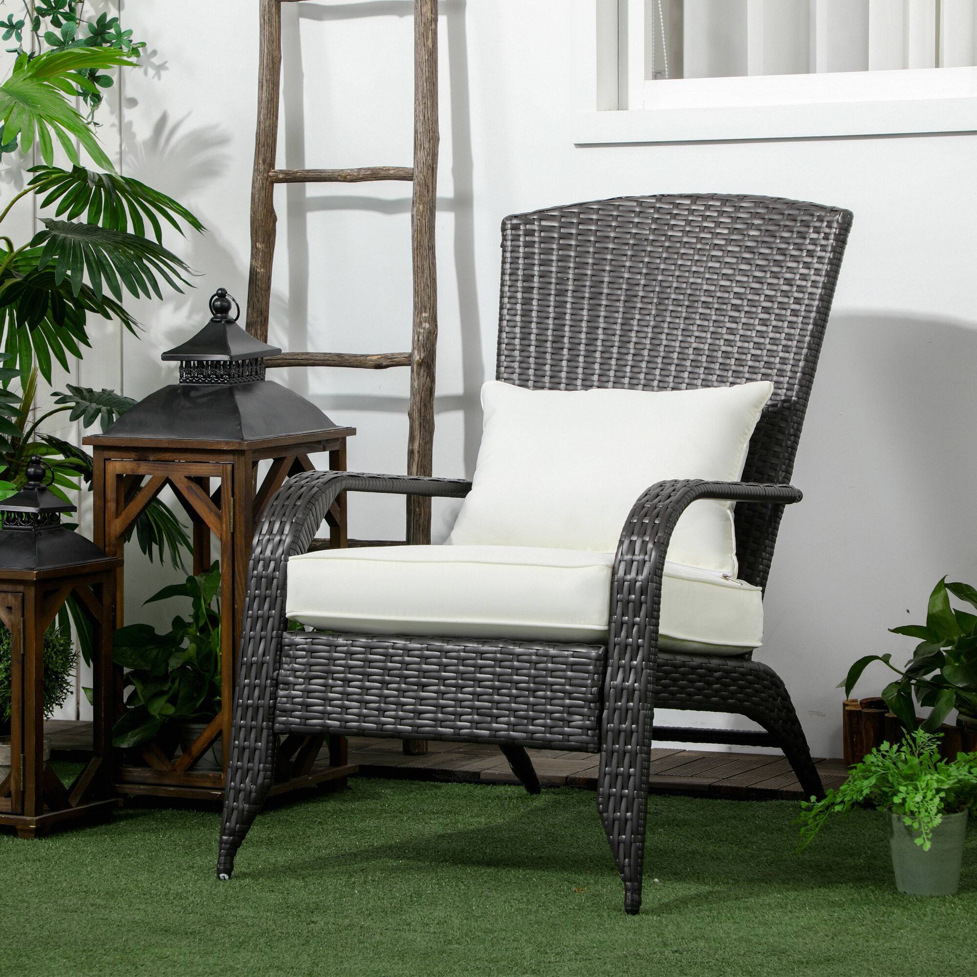 Alt View 1. Outsunny - Adirondack Chair, Outdoor All-Weather Rattan Fire Pit Chair w/ Soft Cushions, Tall Curved Backrest - Cream White.