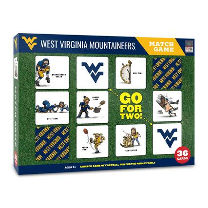 **West Virginia Mountaineers Match Game**
- **Quarterback Sneak**
- **Stiff Arm**
- **Shovel Pass**
- **Flea Flicker**
- **Porch Pound**
- **Half Time**
- **Horse Tackle**
**Go for Two!**
**36 Cards**
**Ages 3+**
**A Match Game of Football Fun for the Whole Family**