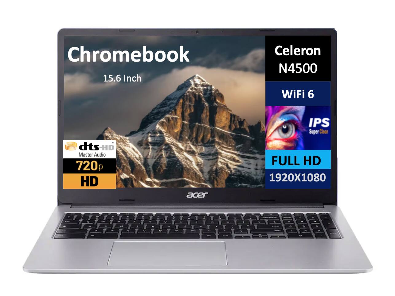 Chromebook 15.6 Inch Celeron N4500 WiFi 6 dts-HD Master Audio 720p HD IPS Super Clear FULL HD 1920X1080