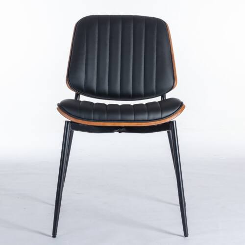 Alt View 1. LUCKY ONE - Assembled Mid Century Dining Chair Set of 2 Faux Leather with Walnut Bentwood Back Metal Legs - Black PU.