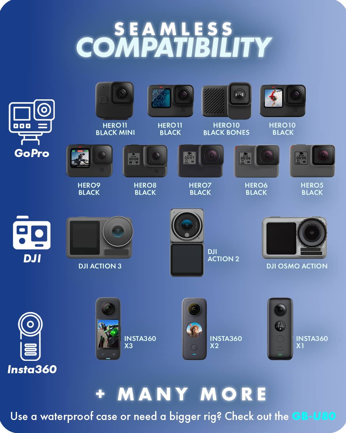 SEAMLESS COMPATIBILITY

HERO11 BLACK MINI
HERO11 BLACK
HERO10 BLACK BONES
HERO10 BLACK
HERO9 BLACK
HERO8 BLACK
HERO7 BLACK
HERO6 BLACK
HERO5 BLACK

GoPro

DJI
DJI ACTION 3
DJI ACTION 2
DJI OSMO ACTION

INSTA360 X3
INSTA360 X2
INSTA360 X1

Insta360

+ MANY MORE

Use a waterproof case or need a bigger rig? Check out the GB-U80