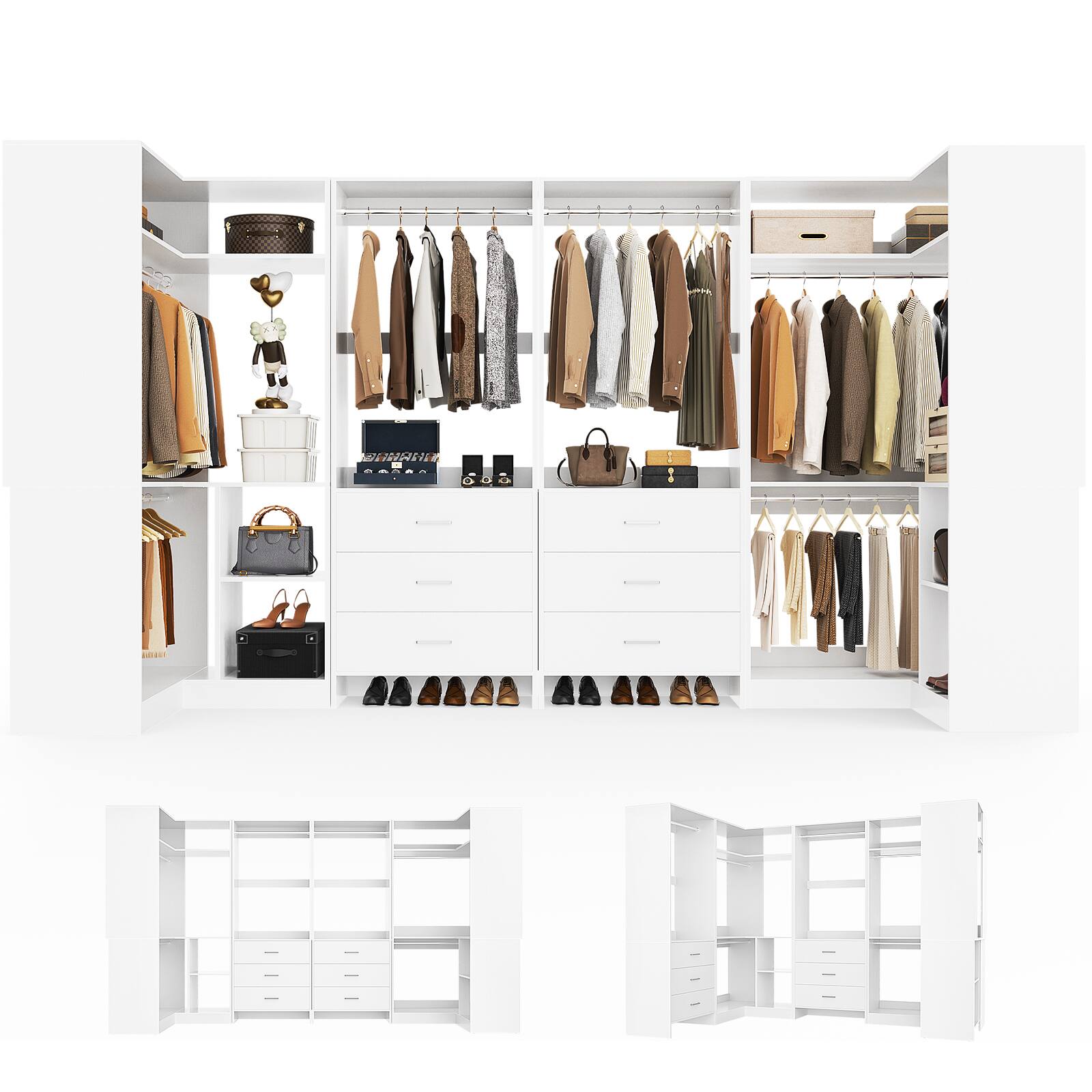 Angle. Aheaplus - U-Shaped Closet Organizer System with 6 Drawers, 112.5" Walk-in Wardrobe System with Hanging Rods & Shelves, Set of 4 - White.
