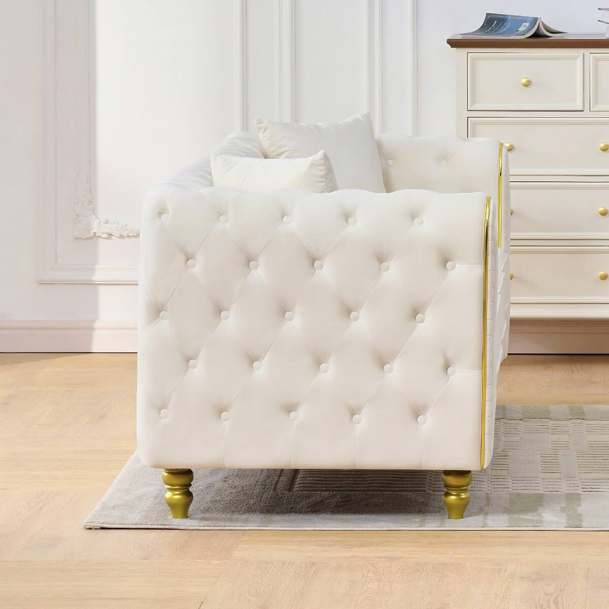 Alt View 3. Ropilly - Ropilly Beige Velvet Sofa Set Chesterfield Loveseat Style with Button Tufting Gold Legs for 6 Seat Living Room - Beige.