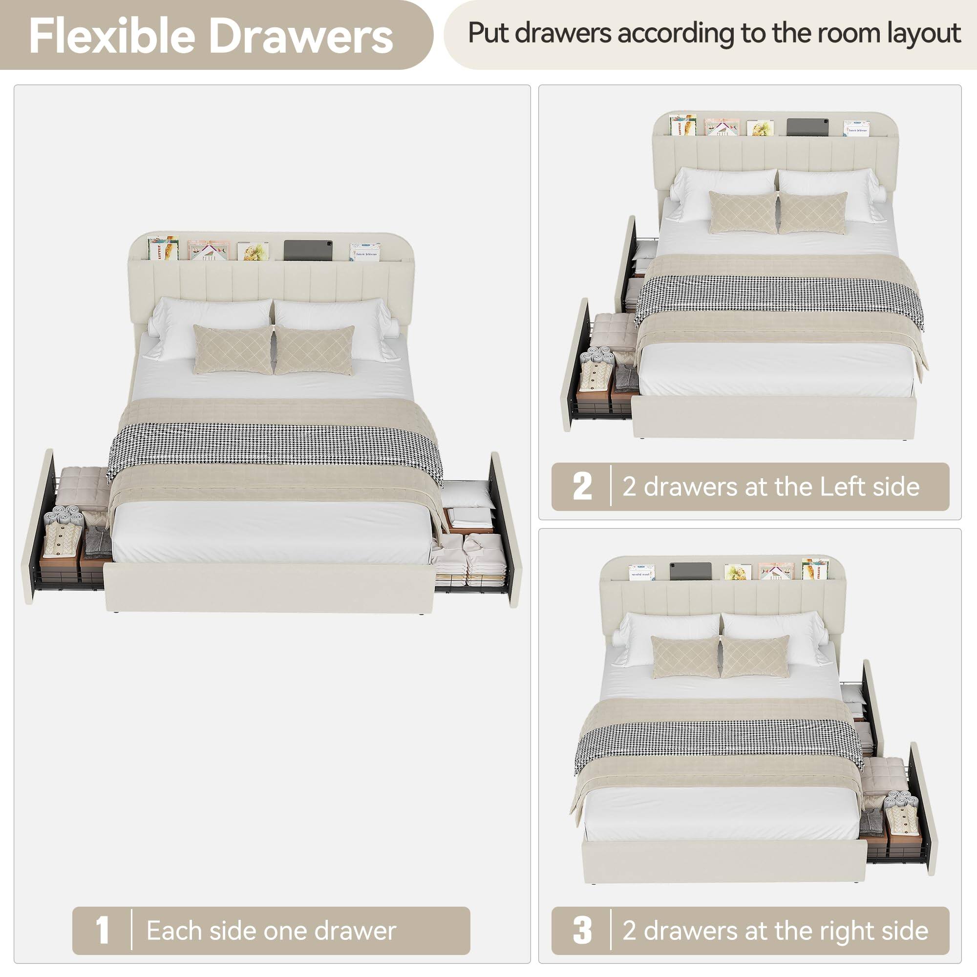 Flexible Drawers

Put drawers according to the room layout

1 | Each side one drawer

2 | 2 drawers at the Left side

3 | 2 drawers at the right side