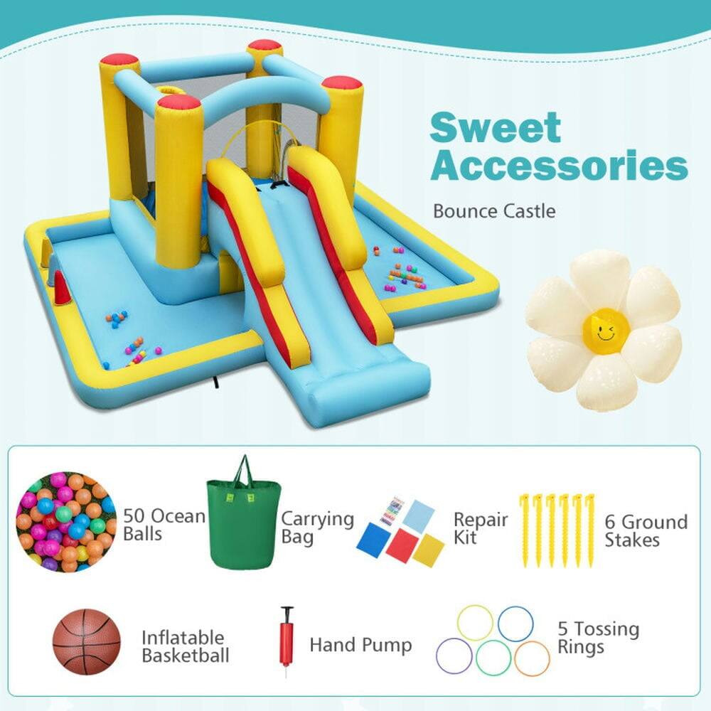 Sweet Accessories  
Bounce Castle  
50 Ocean Balls  
Carrying Bag  
Repair Kit  
6 Ground Stakes  
Inflatable Basketball  
Hand Pump  
5 Tossing Rings