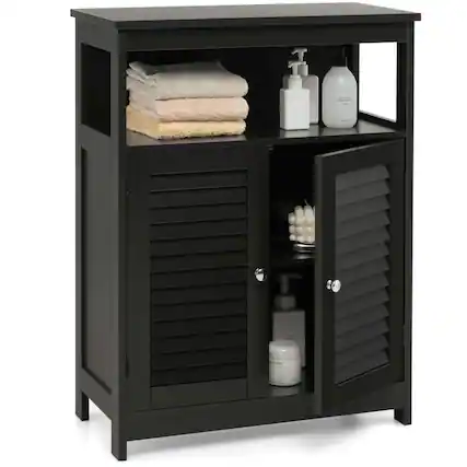 Front. Kadyn - Wood Freestanding Bathroom Storage Cabinet with Double Shutter Door-Black, Bathroom Cabinets for Entryway Storage - Black.