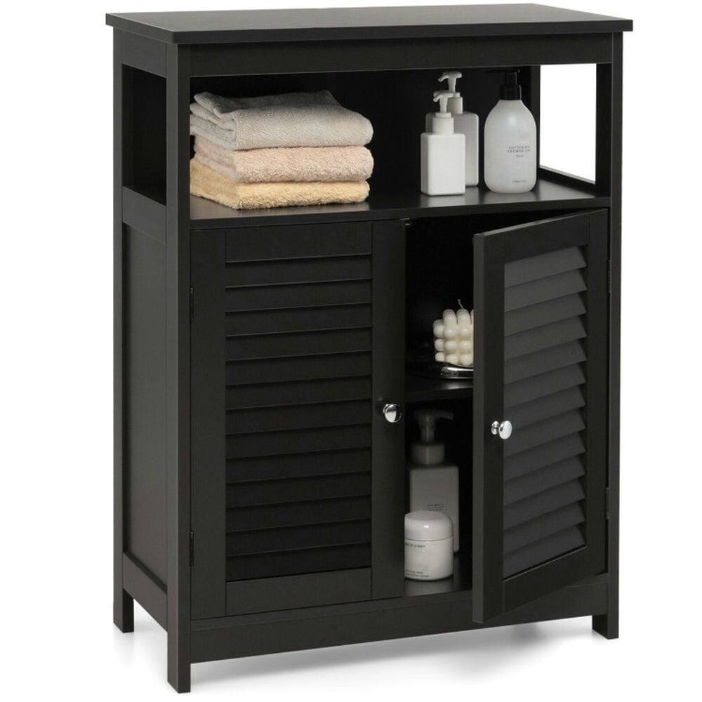 Front. Kadyn - Wood Freestanding Bathroom Storage Cabinet with Double Shutter Door-Black, Bathroom Cabinets for Entryway Storage - Black.