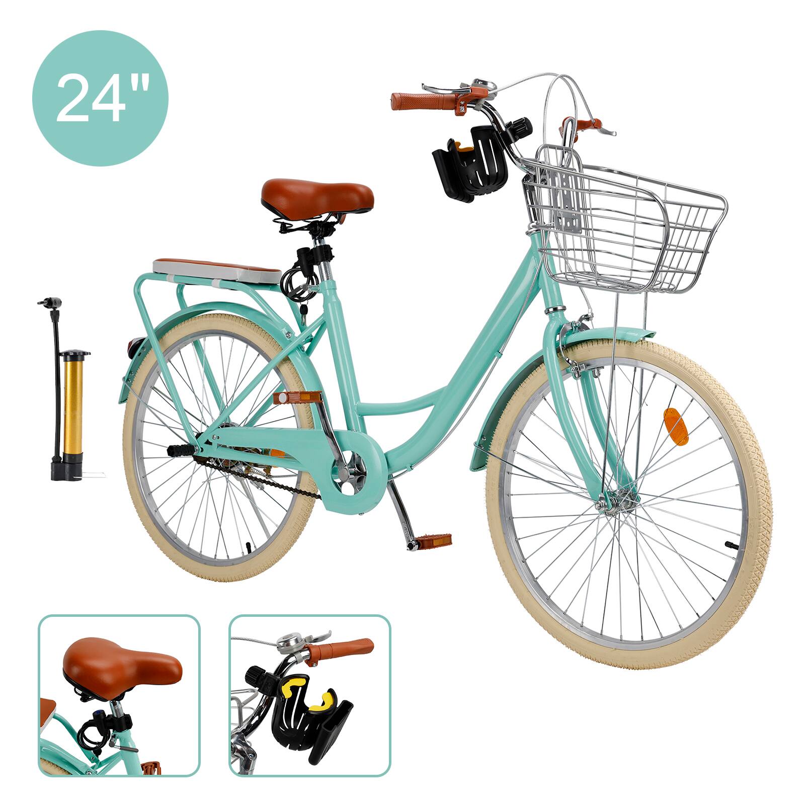 Alt View 4. Topteng - 24" Beach Cruiser Bike for Men/Women with Cup Holder, High Carbon Steel Frame, Dual Brakes, Rear Rack and Basket, Green - Green.