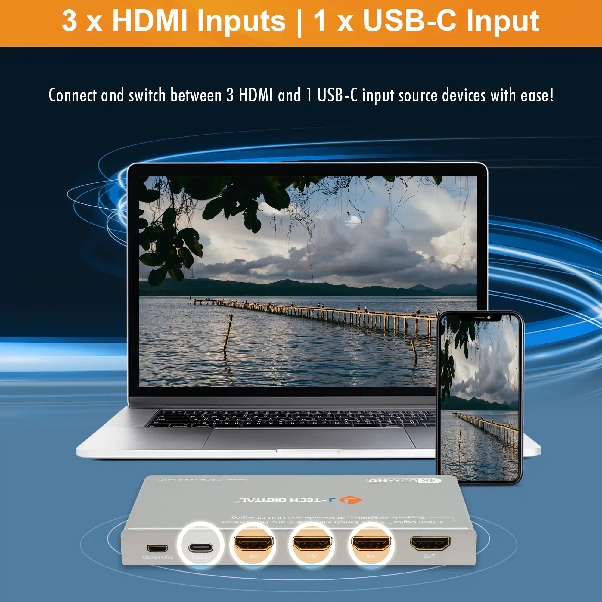 3 x HDMI Inputs | 1 x USB-C Input

Connect and switch between 3 HDMI and 1 USB-C input source devices with ease!
