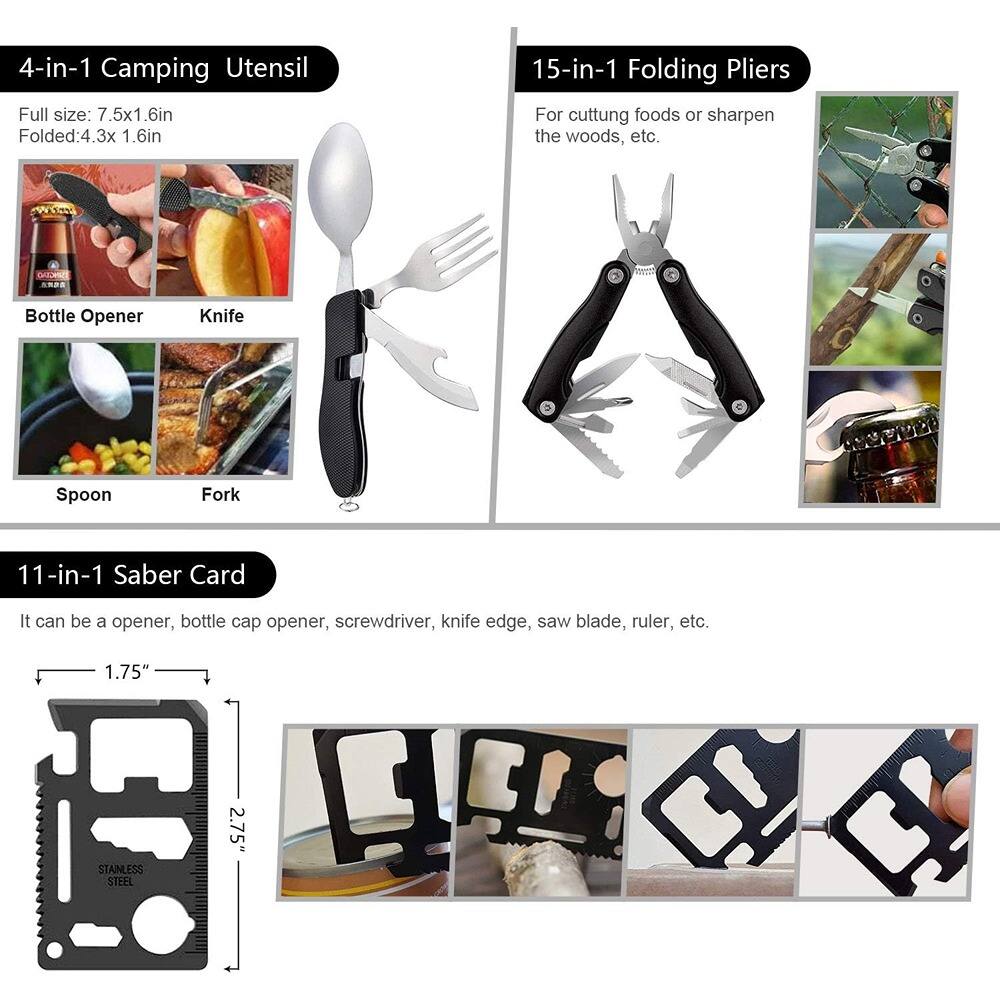 4-in-1 Camping Utensil  
Full size: 7.5x1.6in  
Folded: 4.3x1.6in  
Bottle Opener  
Knife  
Spoon  
Fork  

15-in-1 Folding Pliers  
For cutting foods or sharpening the woods, etc.  

11-in-1 Saber Card  
It can be a opener, bottle cap opener, screwdriver, knife edge, saw blade, ruler, etc.  
1.75"  
2.75"  
STAINLESS STEEL