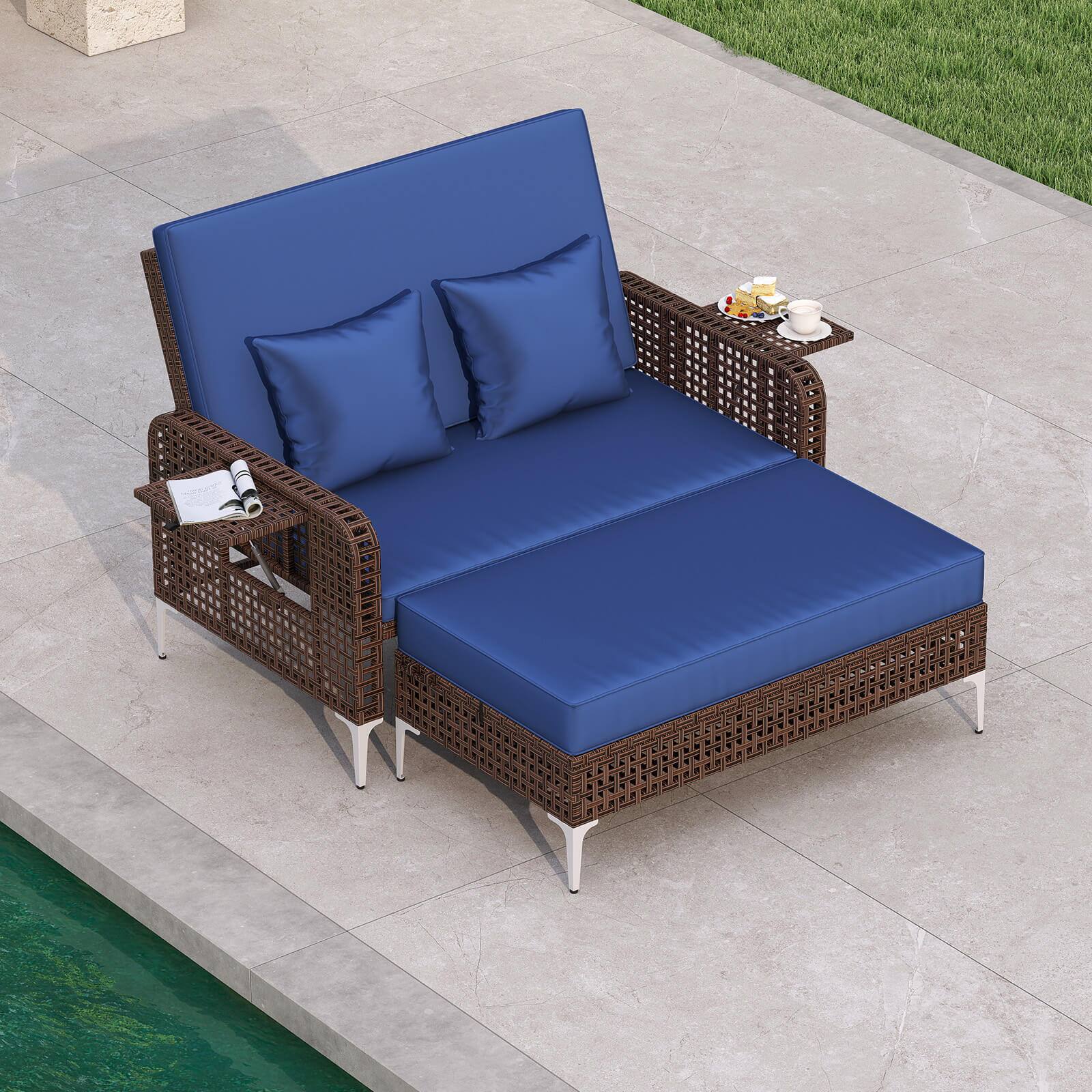 Alt View 3. Costway - Costway 2 PCS Wicker Loveseat & Storage Ottoman with  4-Level Backrest & Soft Cushion - Navy.