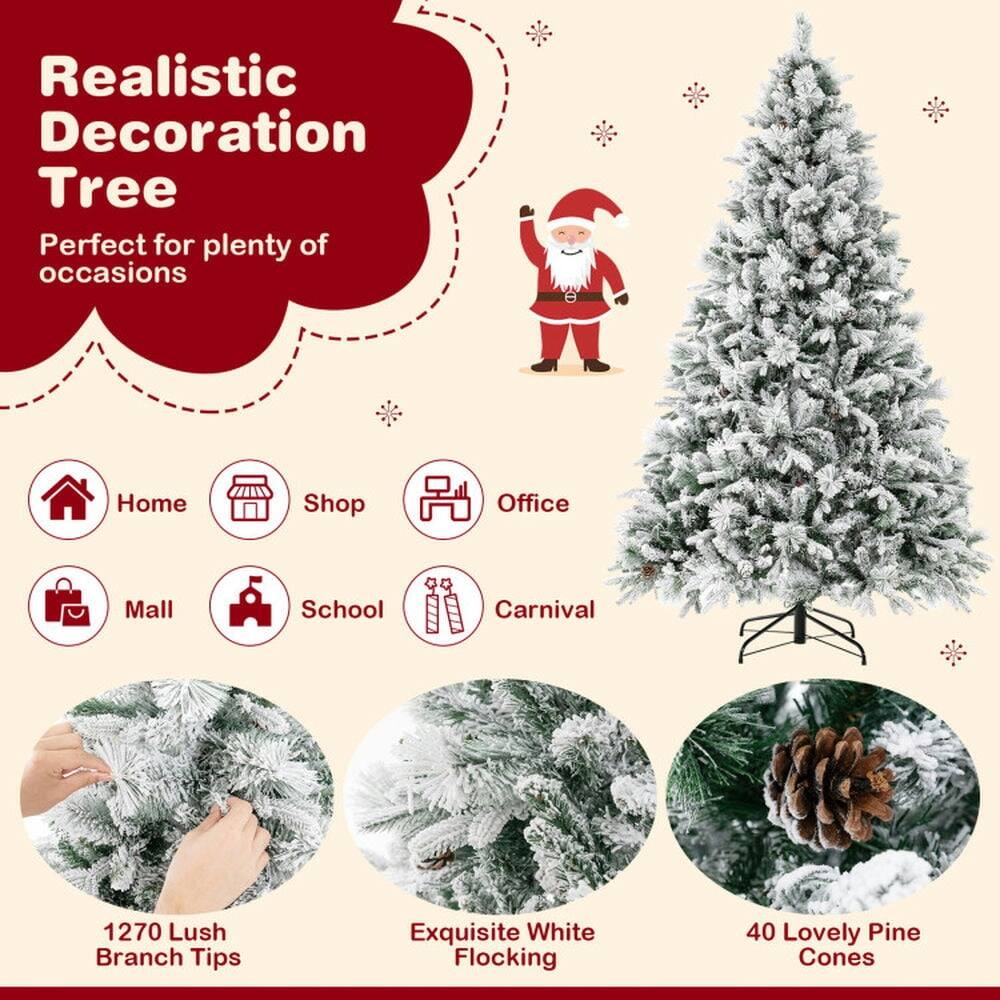 Realistic Decoration Tree  
Perfect for plenty of occasions  

Home Shop Office Mall School Carnival  

1270 Lush Branch Tips  
Exquisite White Flocking  
40 Lovely Pine Cones