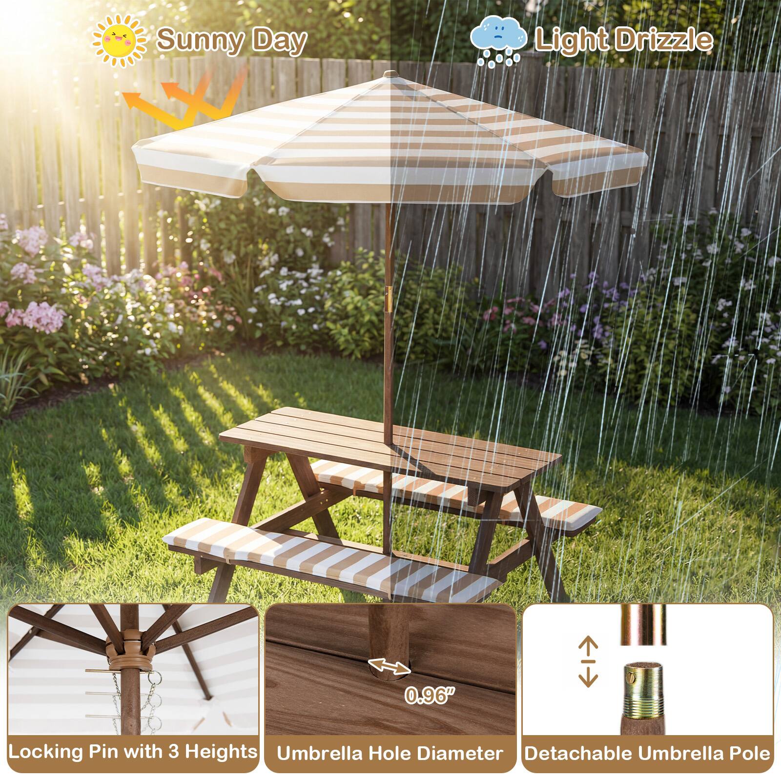 Sunny Day Light Drizzle  
0.96" Locking Pin with 3 Heights Umbrella Hole Diameter Detachable Umbrella Pole