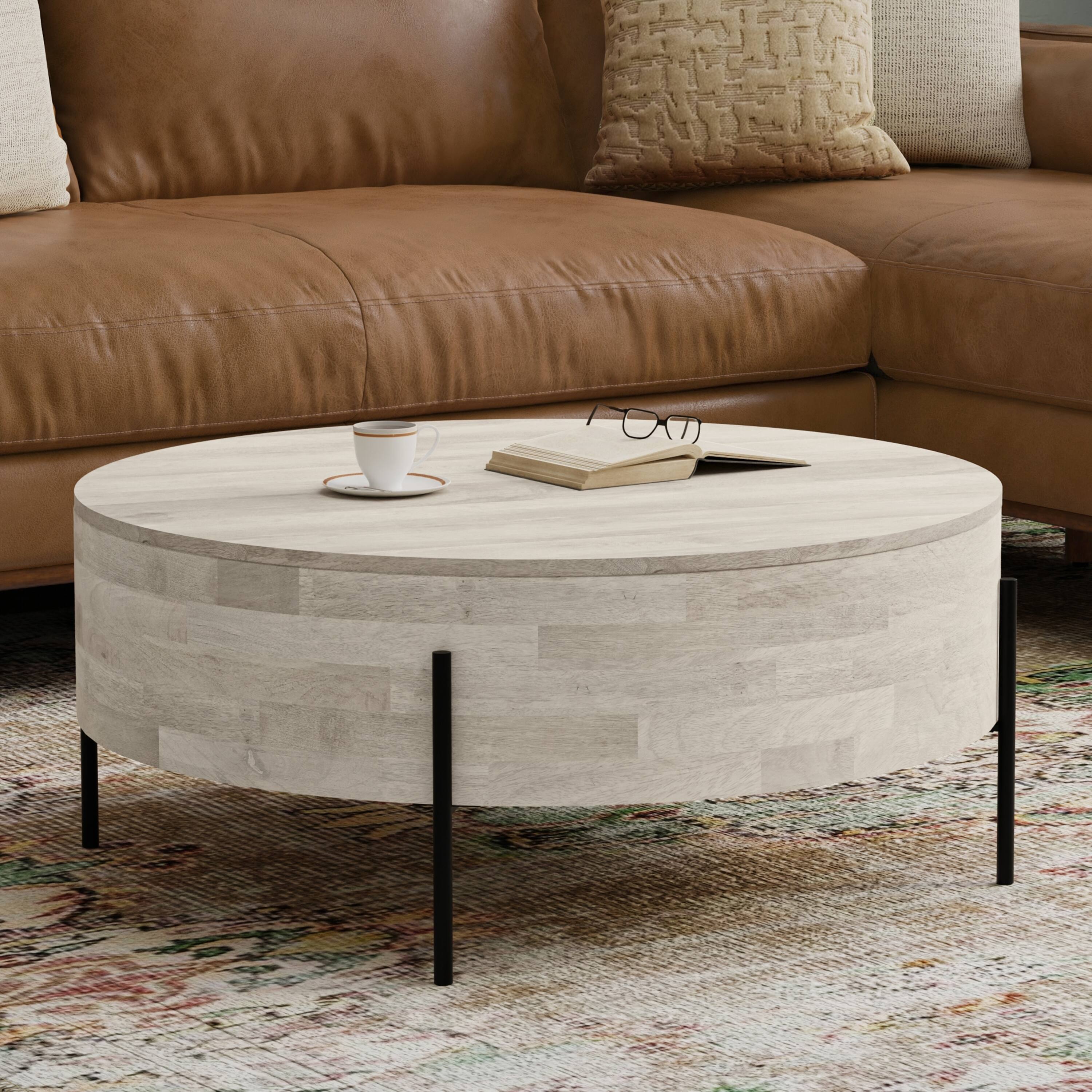 Angle. Simpli Home - Rayburn SOLID MANGO WOOD 38 inch Wide Round Modern Urban Drum Coffee Table in White Wash - White Wash.