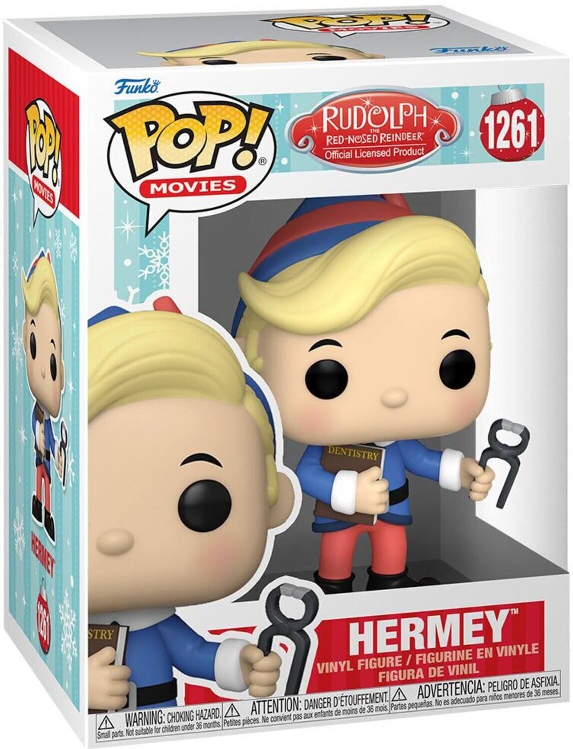 Sure, here is the corrected and grouped text from the image:

---

**Funko POP! MOVIES**

**RUDOLPH THE RED-NOSED REINDEER**  
Official Licensed Product

**HERMEY**  
VINYL FIGURE / FIGURINE EN VINYLE / FIGURA DE VINIL

**1261**

**WARNING: CHOKING HAZARD.**  
Small parts. Not suitable for children under 36 months.  
ATTENTION: DANGER D'ÉTOUFFEMENT.  
ADVERTENCIA: PEIGRO DE ASFIXIA.  
PELIGRO DE ASFIXIA.  
ATTENTION: enfants de moins de 36 mois.  
Not suitable for children under 36 months.  
Ne convient pas aux enfants de moins de 36 mois.  
No es adecuado para niños menores de 36 meses.

---

This text is organized to reflect the information on the packaging, including the brand, product name, character, warning labels, and language translations.