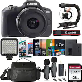 Canon - EOS R100 Mirrorless Camera 18-45 Lens All Inclusive Video Podcasting Kit - Black