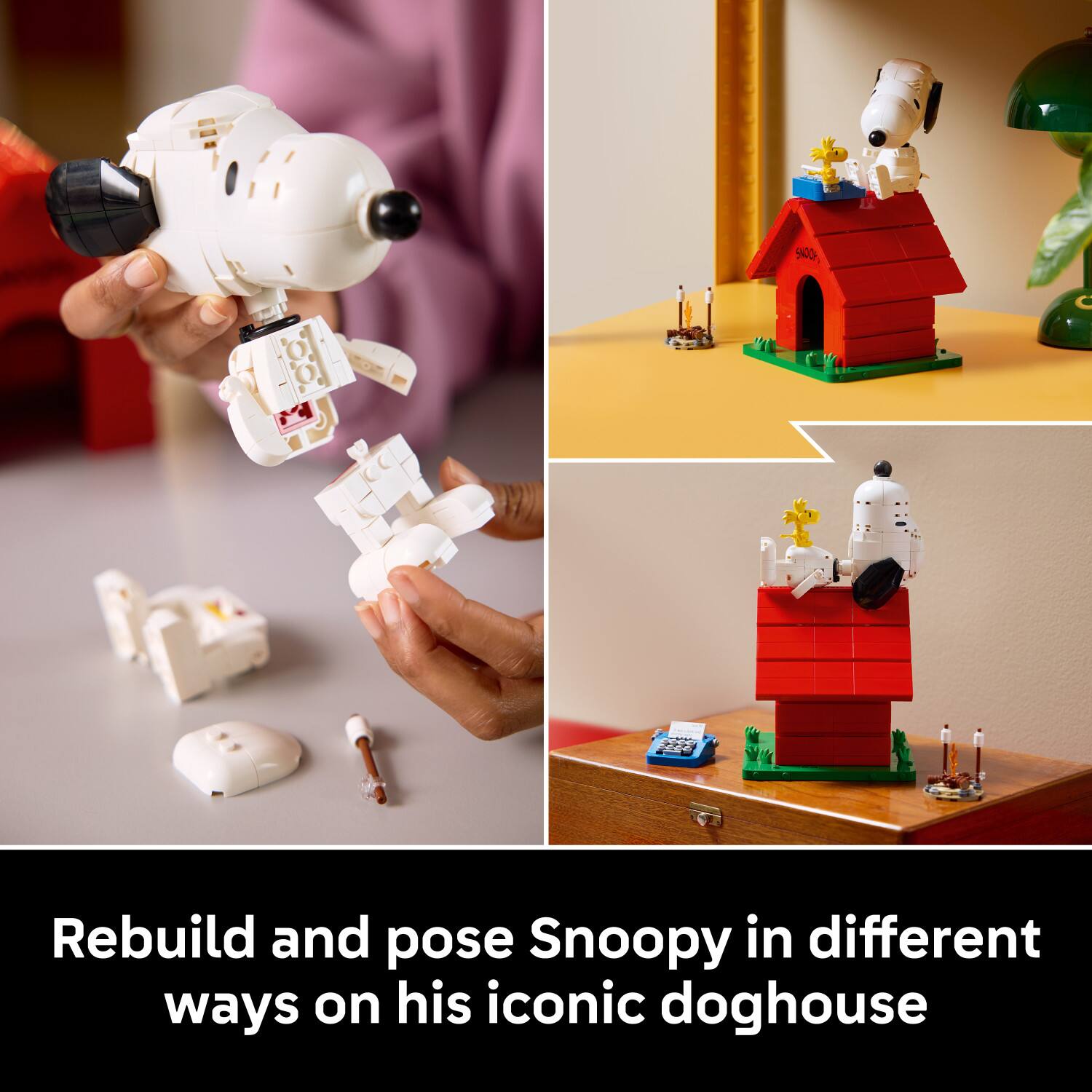 Rebuild and pose Snoopy in different ways on his iconic doghouse